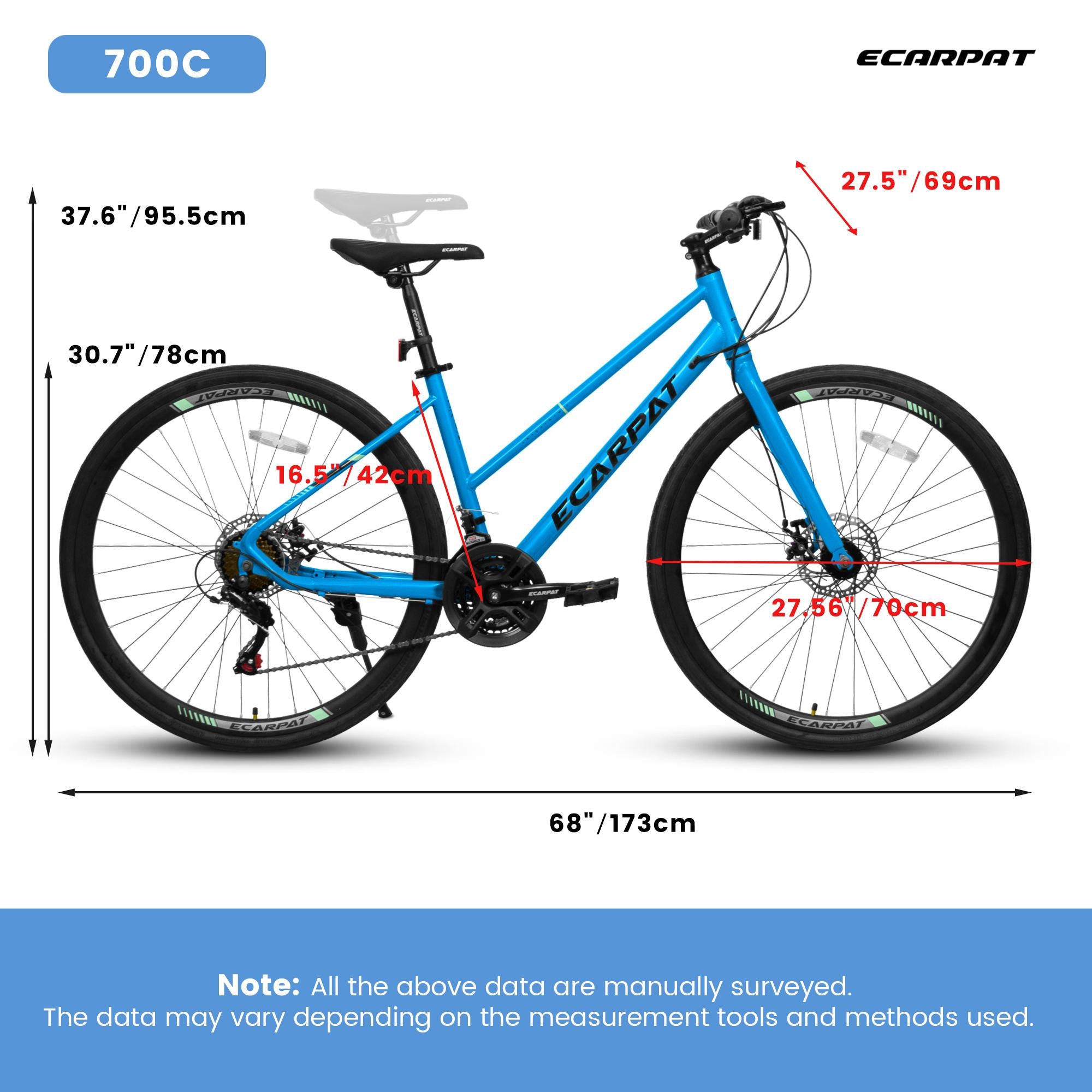 21-Speed 700C Wheels Hybrid Road Bike for Adults, Steel Frame with Dual-Disc Brakes, 85% Pre-Assembled, 68" L x 27.5" W x 37.5" H, Black+Blue