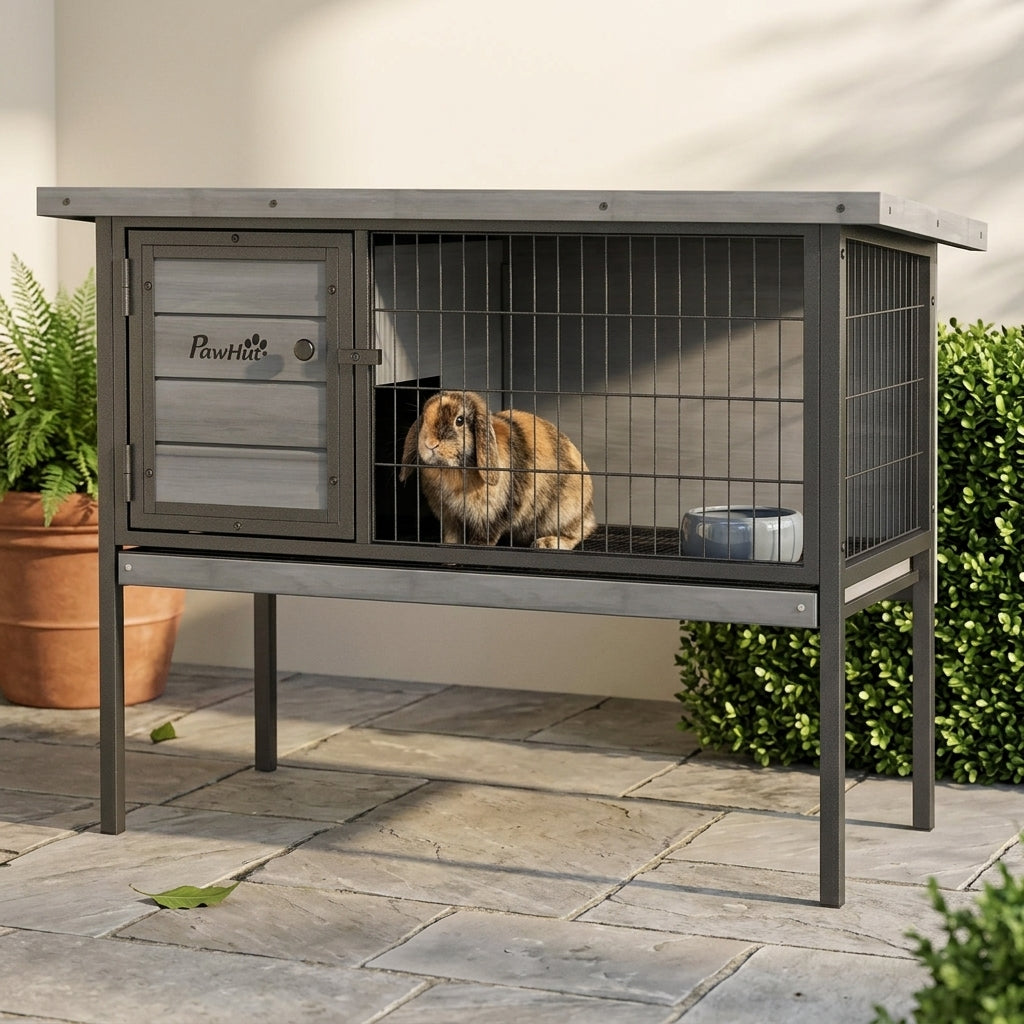 Wooden Rabbit Hutch Elevated with No Leak Tray, Openable Roof for Indoor/Outdoor, Gray