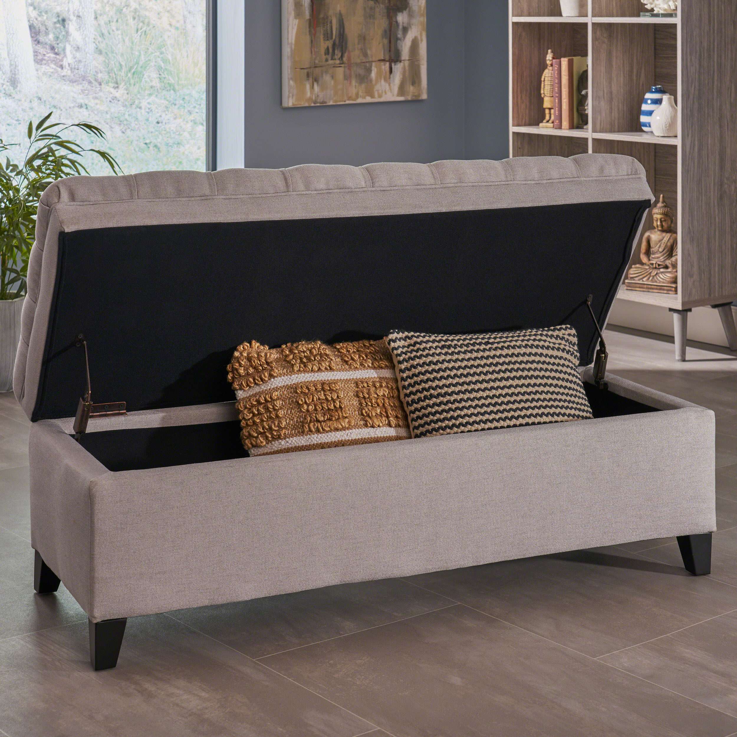 Storage Ottoman with Birch Legs, Hand-Tufted Fabric, 50" L x 20.5" W x 18.25" H, Spot Clean, Light Gray