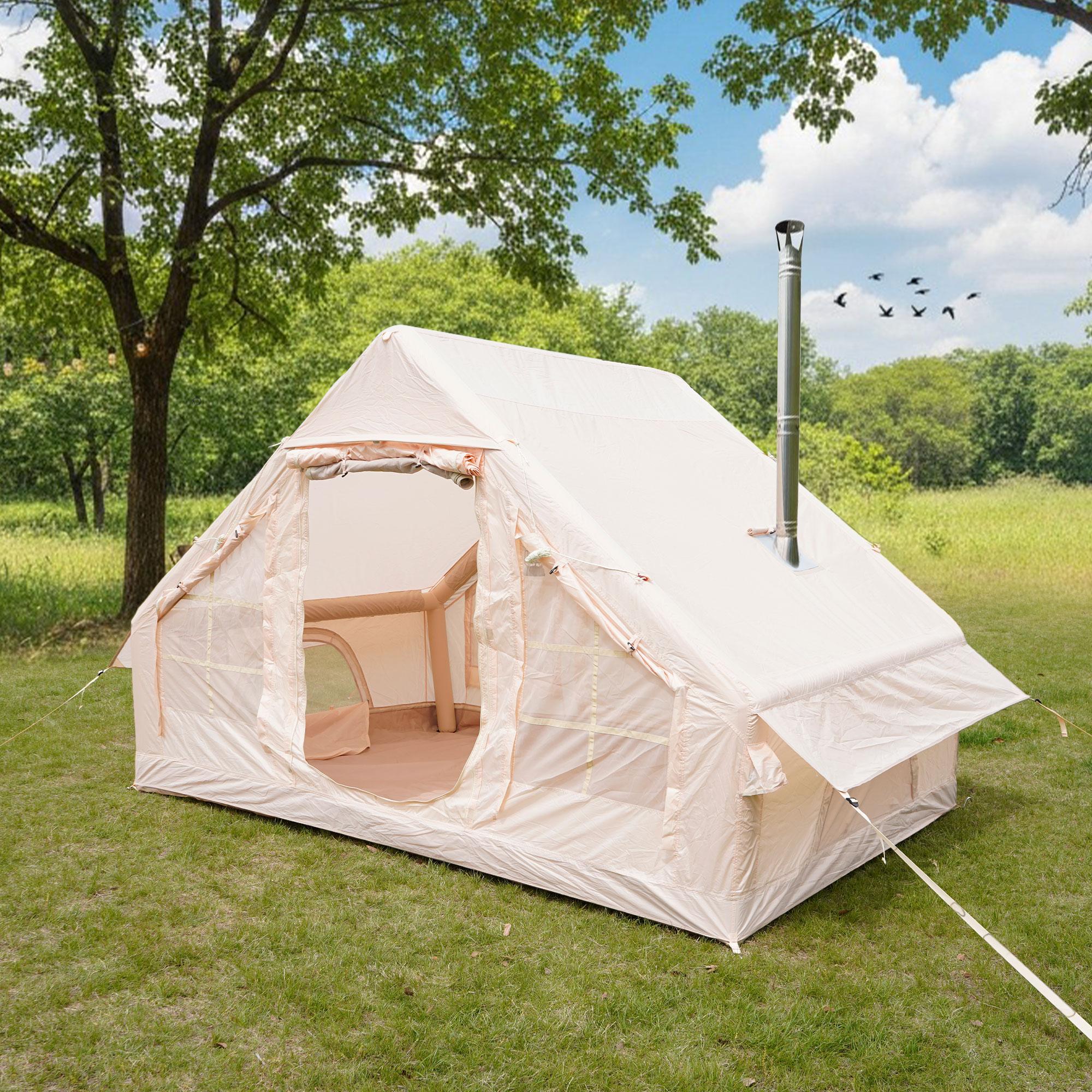 Waterproof Camping Tent with 3-5 Minute Hand Pump Setup, Sturdy Family Tent with Chimney Window, 118″ L x 82.5″ W x 78.5″ H, Beige