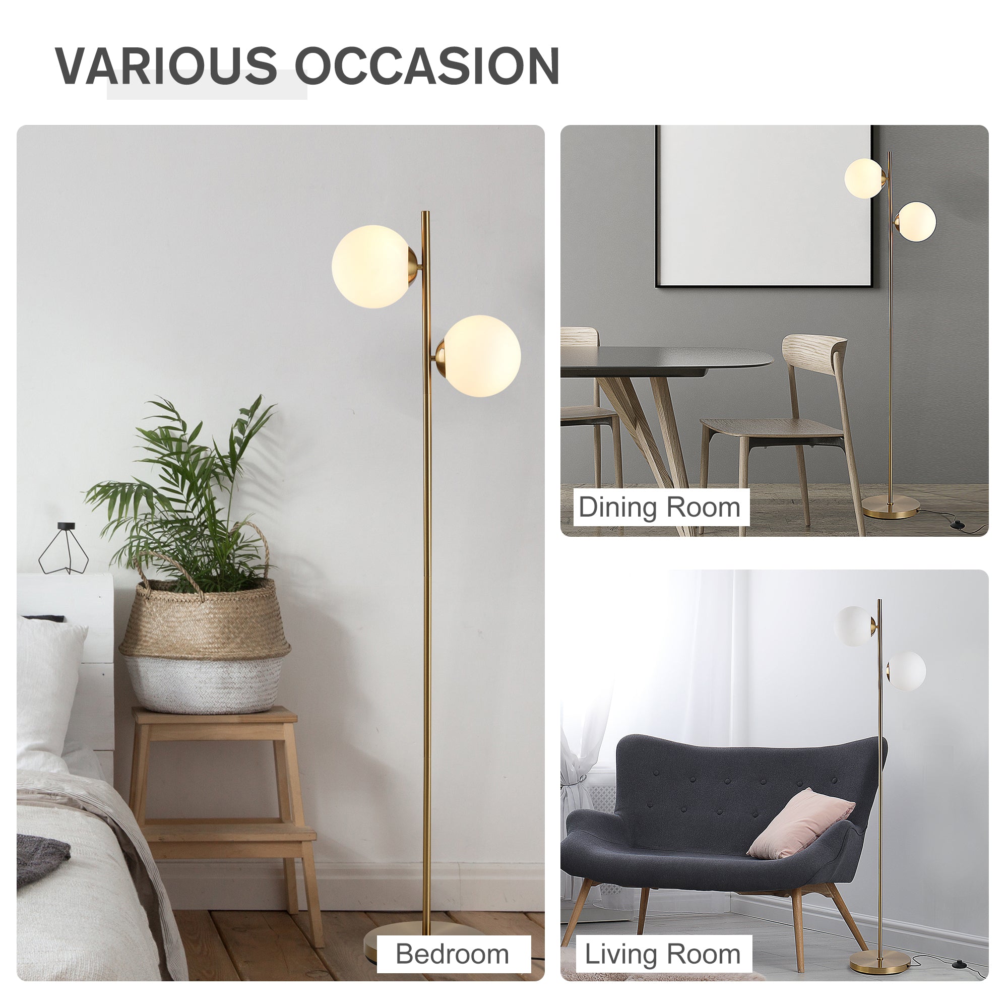 Floor Lamp w/ 2pcs Glass Lamp Shade Modern Portable Decorative Lamp, White