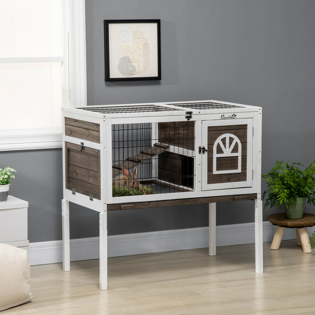 Wood Rabbit Hutch, Elevated Guinea Pig Cage with Run, Coffee