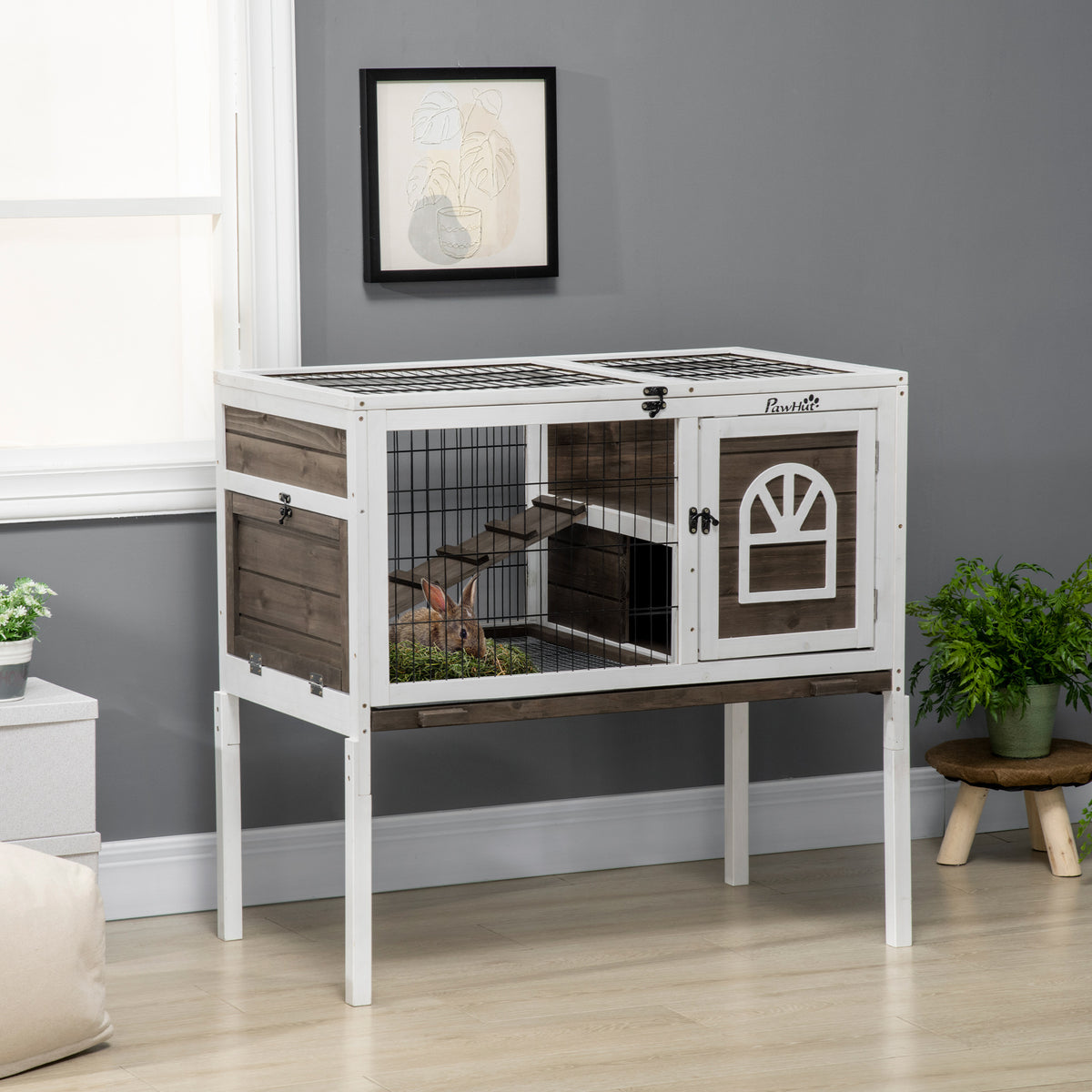 Wood Rabbit Hutch, Elevated Guinea Pig Cage with Run, Coffee