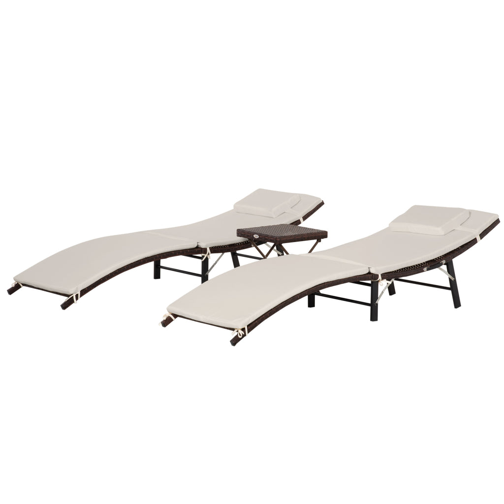 Patio Chaise Set, Set Of 2 Folding Pool Lounge Chairs with Side Table, Outdoor PE Rattan Wicker, Cushion, Pillow for Beach, Beige