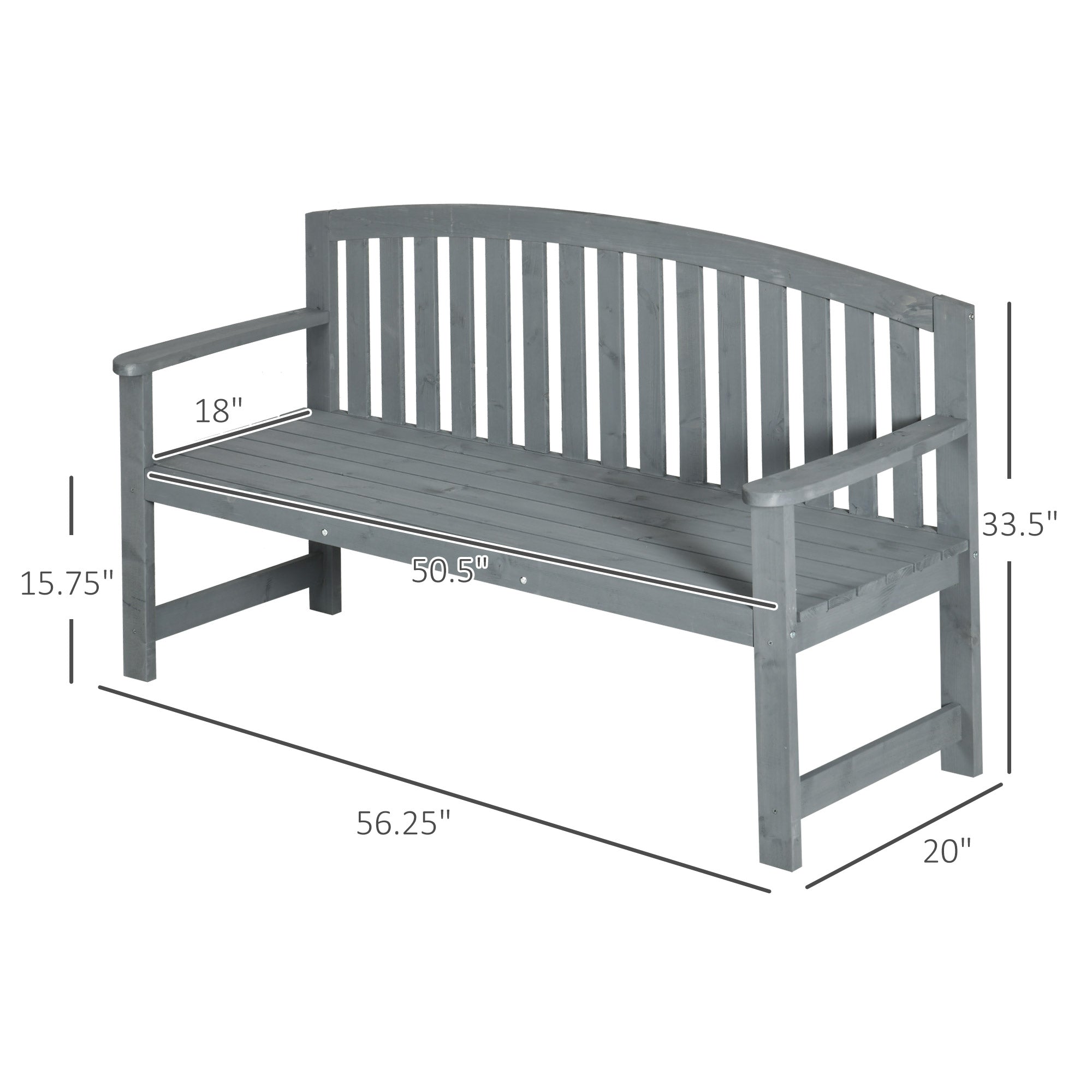 56" Outdoor Wood Bench, 2-Seater Garden Bench with Backrest and Armrest, Patio Bench for Patio, Porch, Poolside, Balcony, Gray