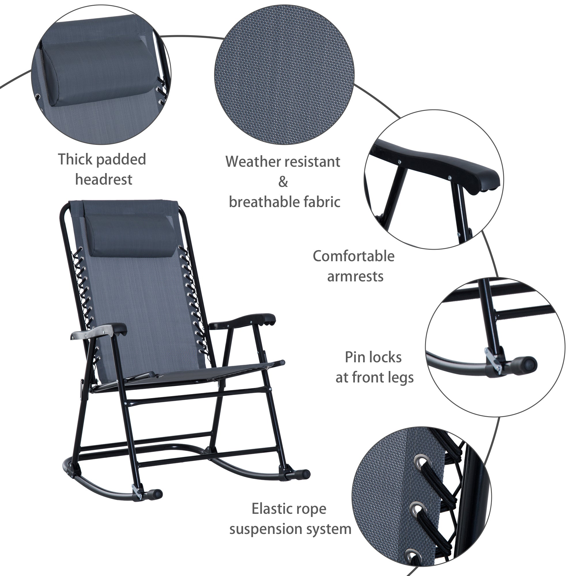 Outdoor Folding Rocking Chair Patio Table Seating Set, 2 Rocking Chairs with Armrests and 1 Side Table with Tempered Glass - Gray