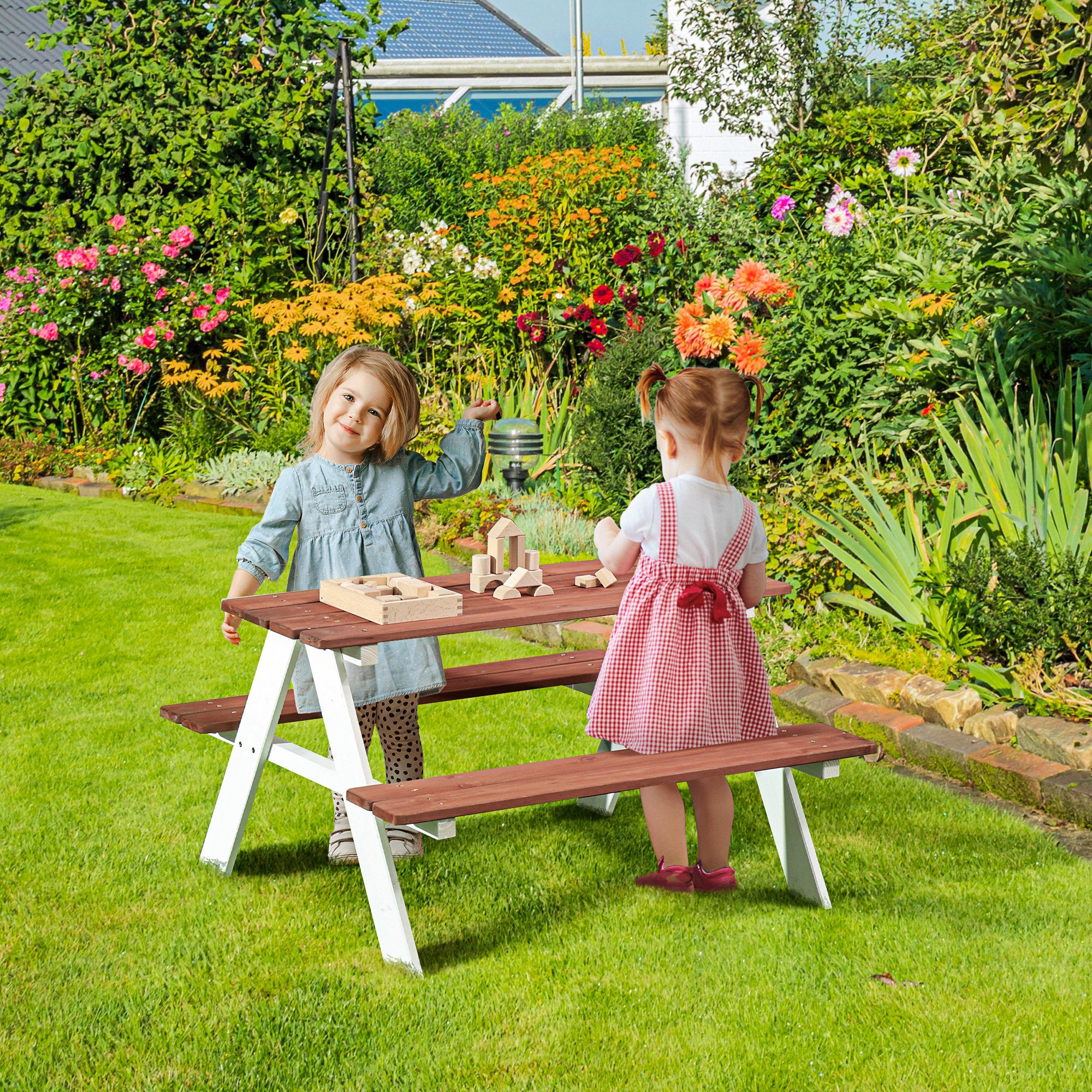 Kids Picnic Table Set, Wooden Table & Bench Set, Kids Patio Furniture Outdoor Toys for Garden, Backyard, Aged 3-8 Years Old, Brown