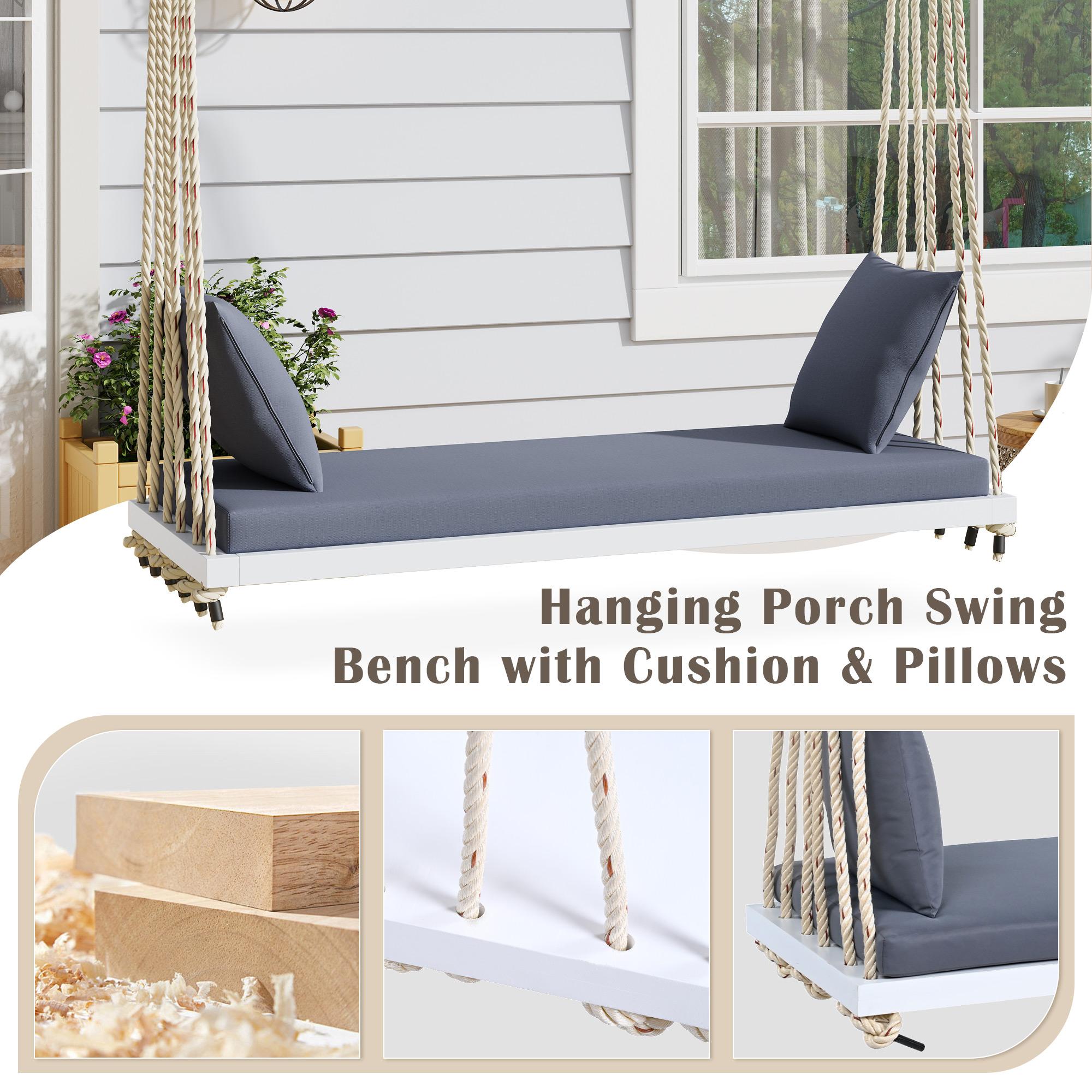 Patio Wooden Swing Chair with 10.8FT Hemp Rop, Hanging Acacia Wood Porch Swing with Cushion & Pillow, 63'' L x 23.5 W x 2'' H, White