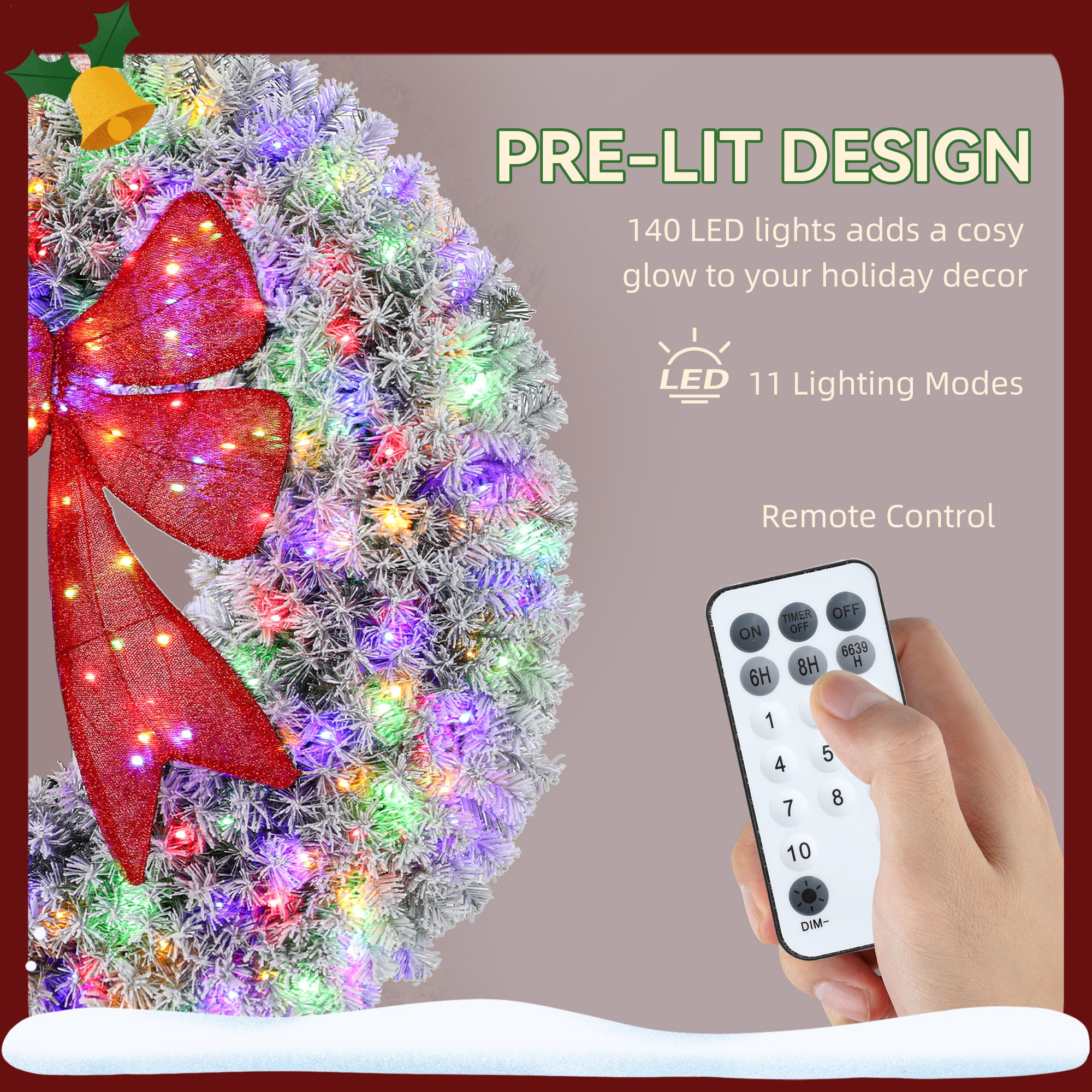 36in Flocked Pre-Lit Christmas Wreath with 3D Red Bow, 11 Lighting Modes, Front Door Christmas Wreath with Remote