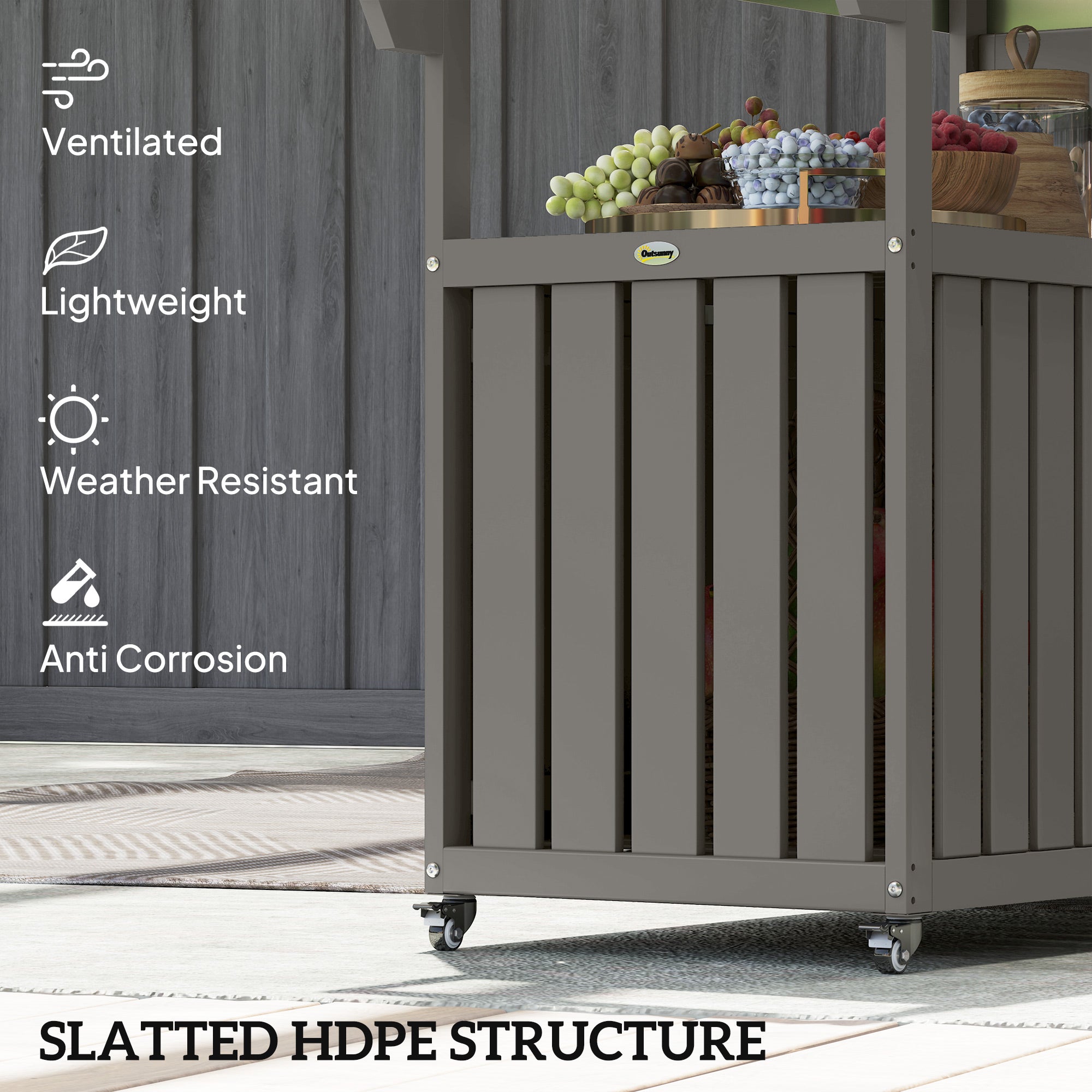 Outdoor Bar Cart with Storage, Stainless Steel Outdoor Bar Table Top, Wheeled HDPE Kitchen Island for Food Prep, Gray