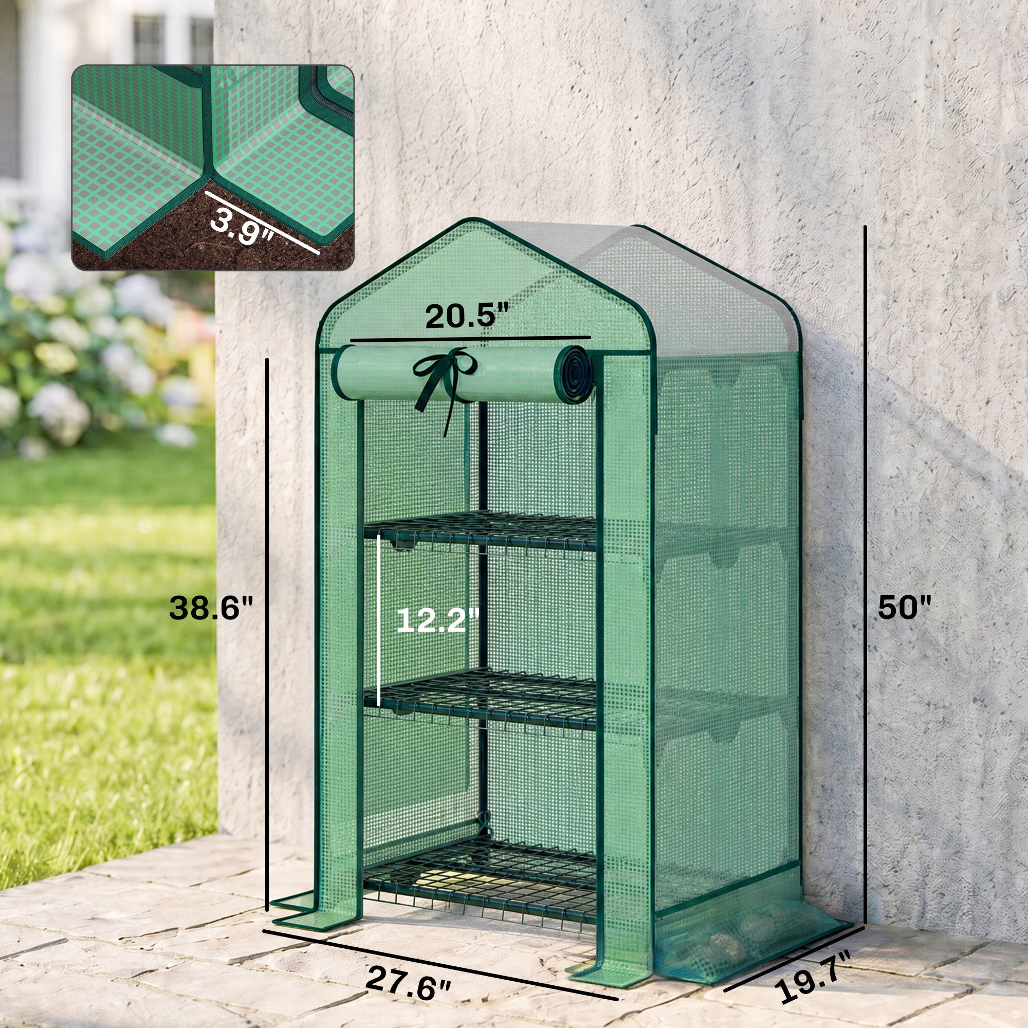 Mini Greenhouse with Screen Roof, Portable Small Greenhouse with Roll-Up Zipper Door, 27.6" x 19.7" x 50", Green
