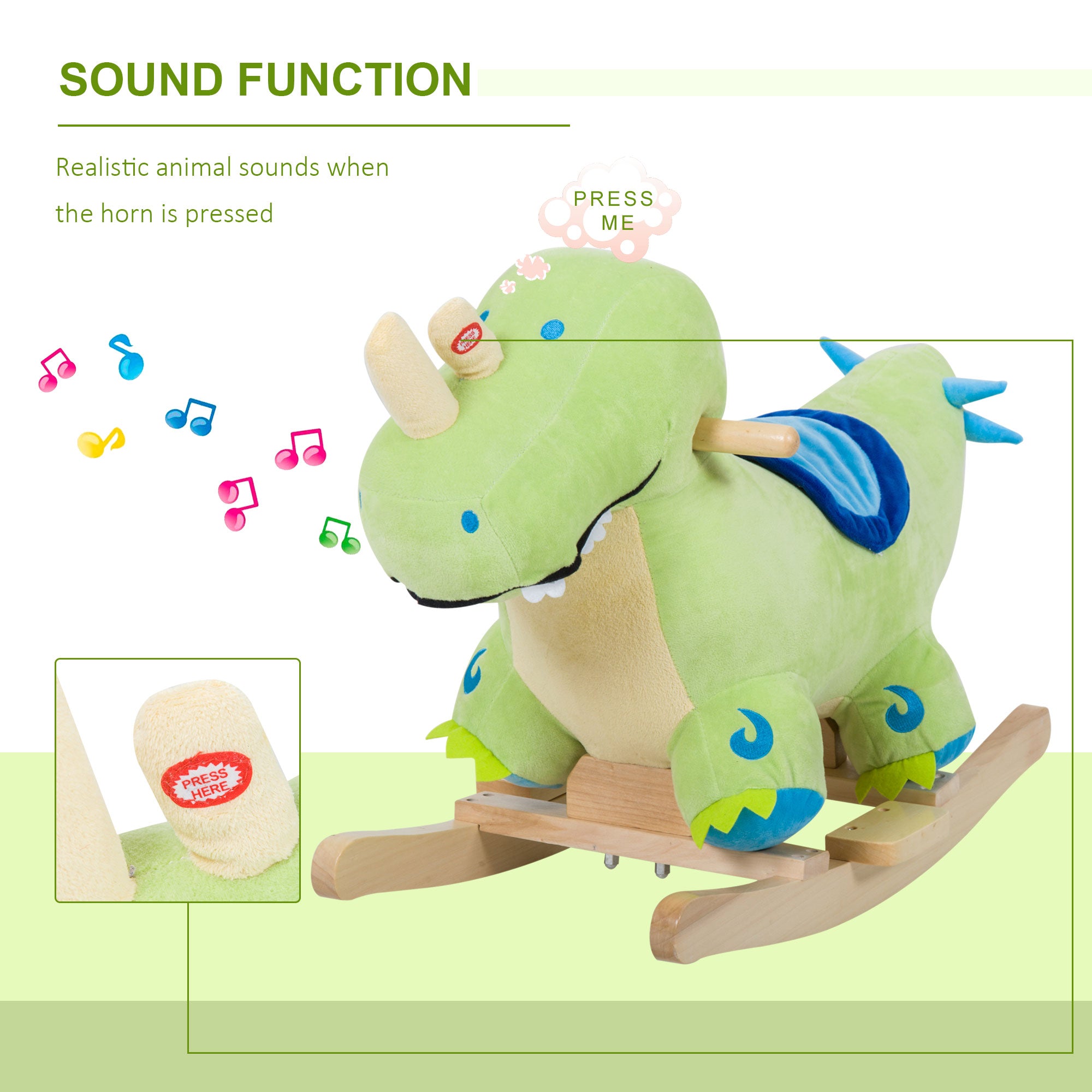 Kids Plush Ride-On Rocking Horse Toy Dinosaur Ride on Rocker Green with Realistic Sounds