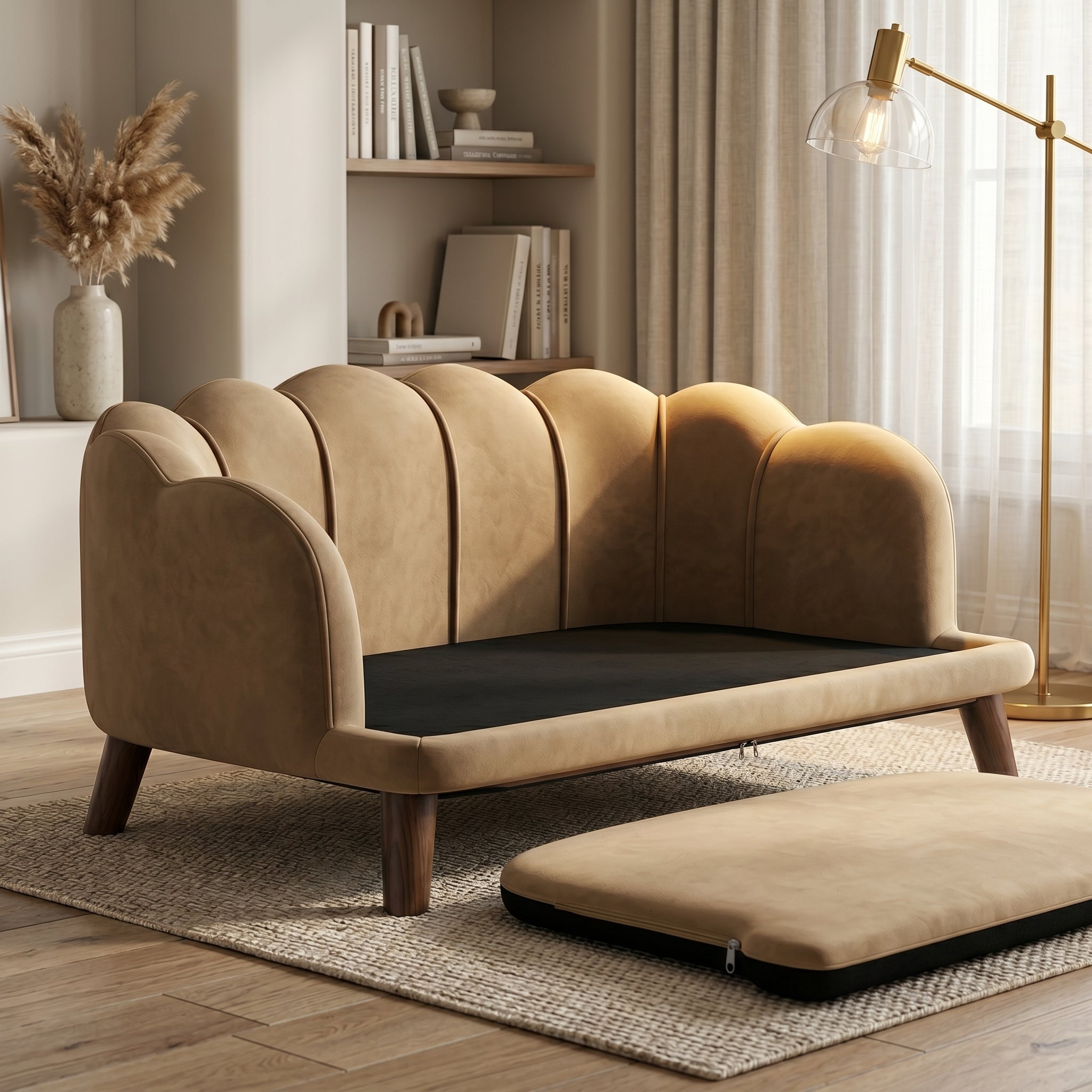Pearl Design Pet Sofa for Medium and Large Sized Dogs, Pet Bed with Cushion and Solid Wood Legs, Coffee