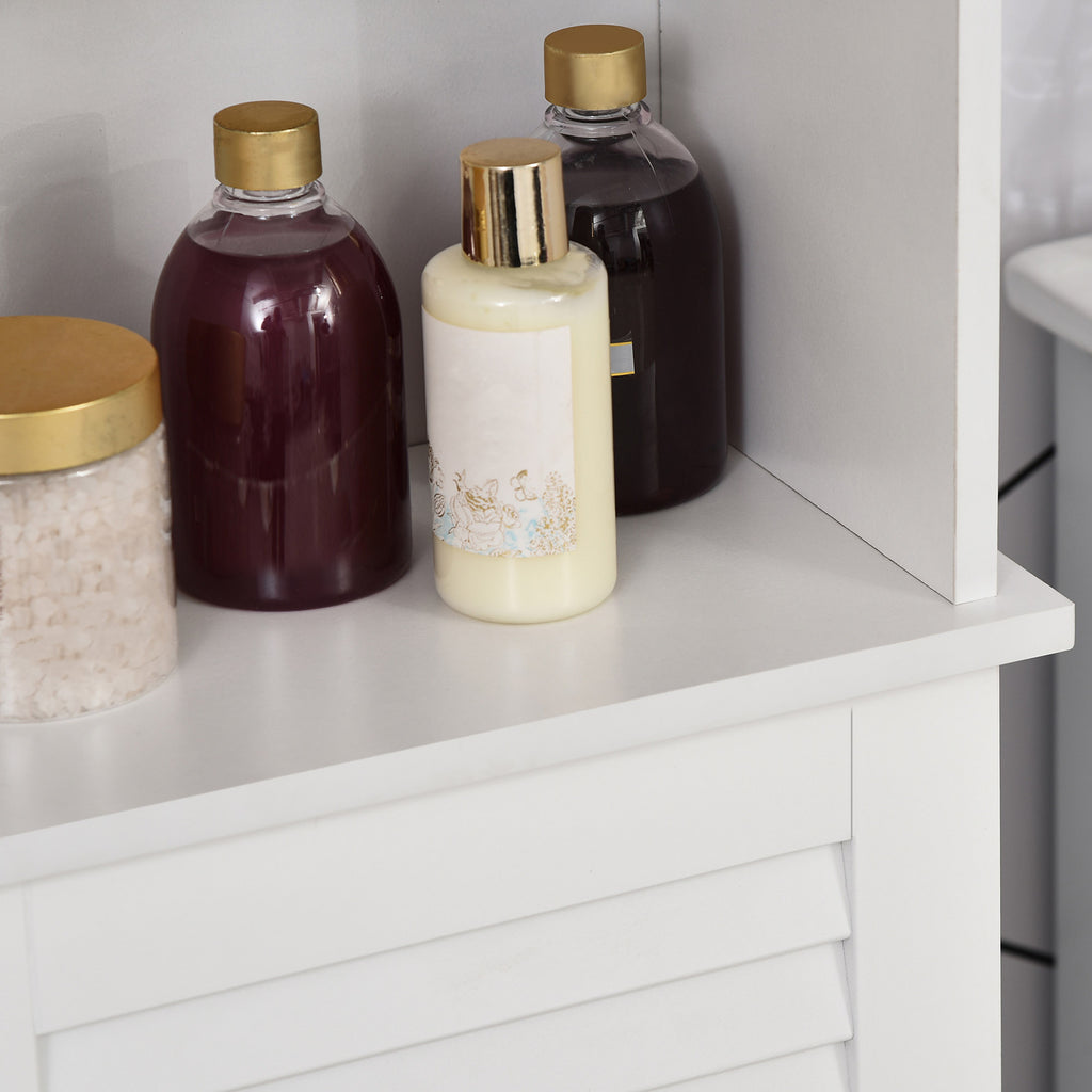 Tall Bathroom Storage Cabinet/Freestanding Linen Tower with 3-Tier Open Adjustable Shelf and Cupboard, White