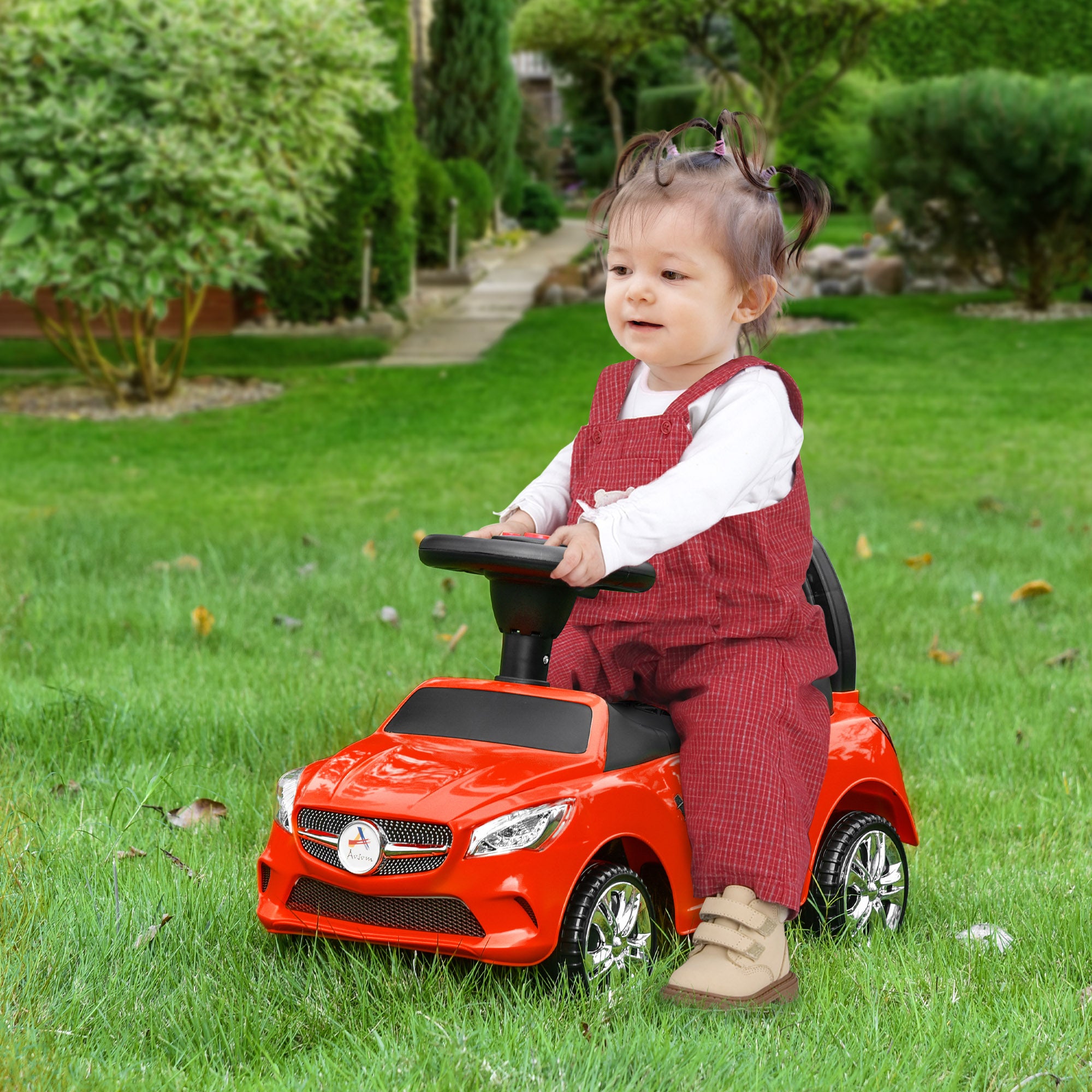 Kids Ride On Push Car, Foot-to-Floor Walking Sliding Toy Car for Toddler with Working Horn, Music, Headlights and Storage, Red