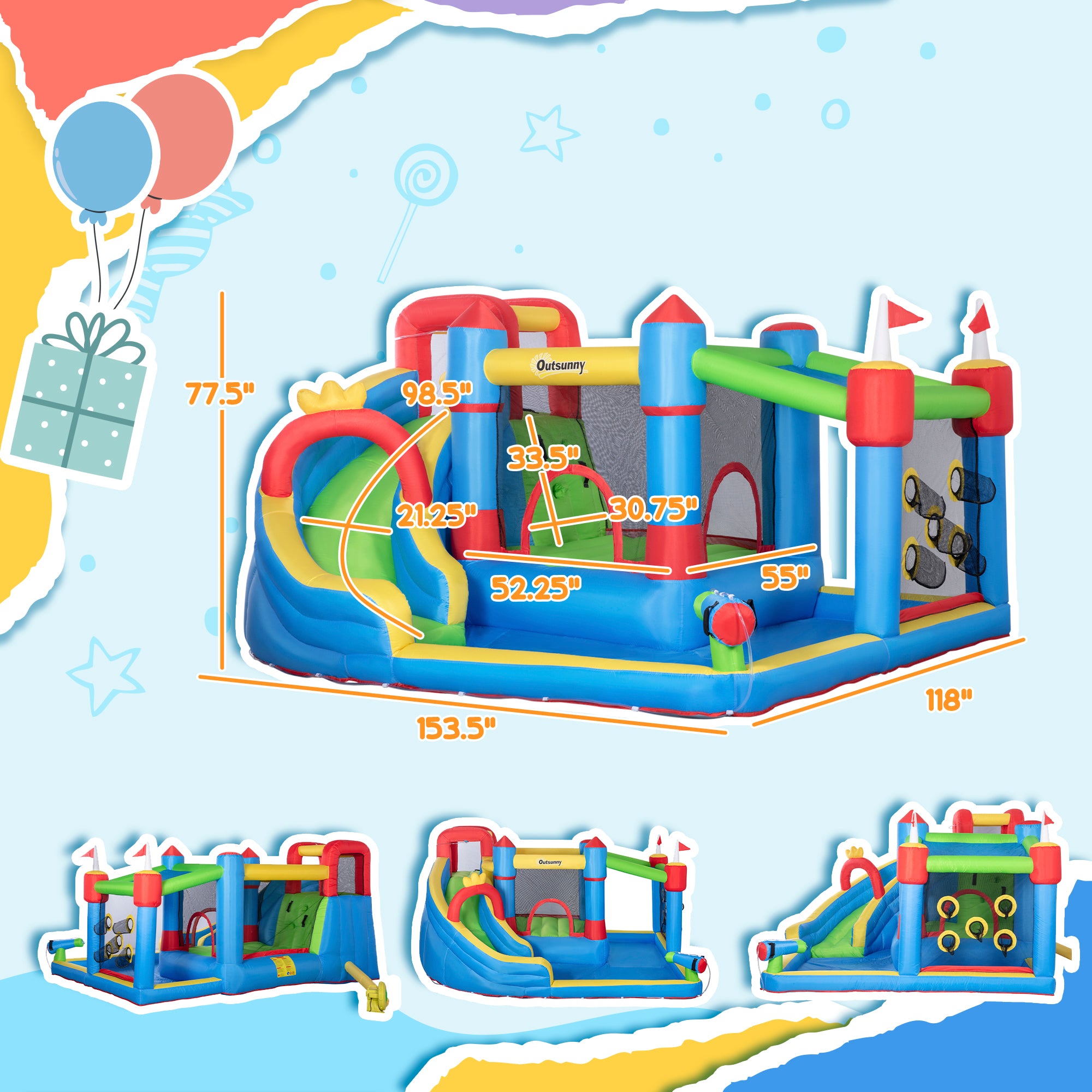 6-in-1 Inflatable Water Slide with Splash Pool, Slide, Climbing Wall, Water Cannon, Inflatable Bounce House for Kids with 2 Min. Inflation and Air Blower