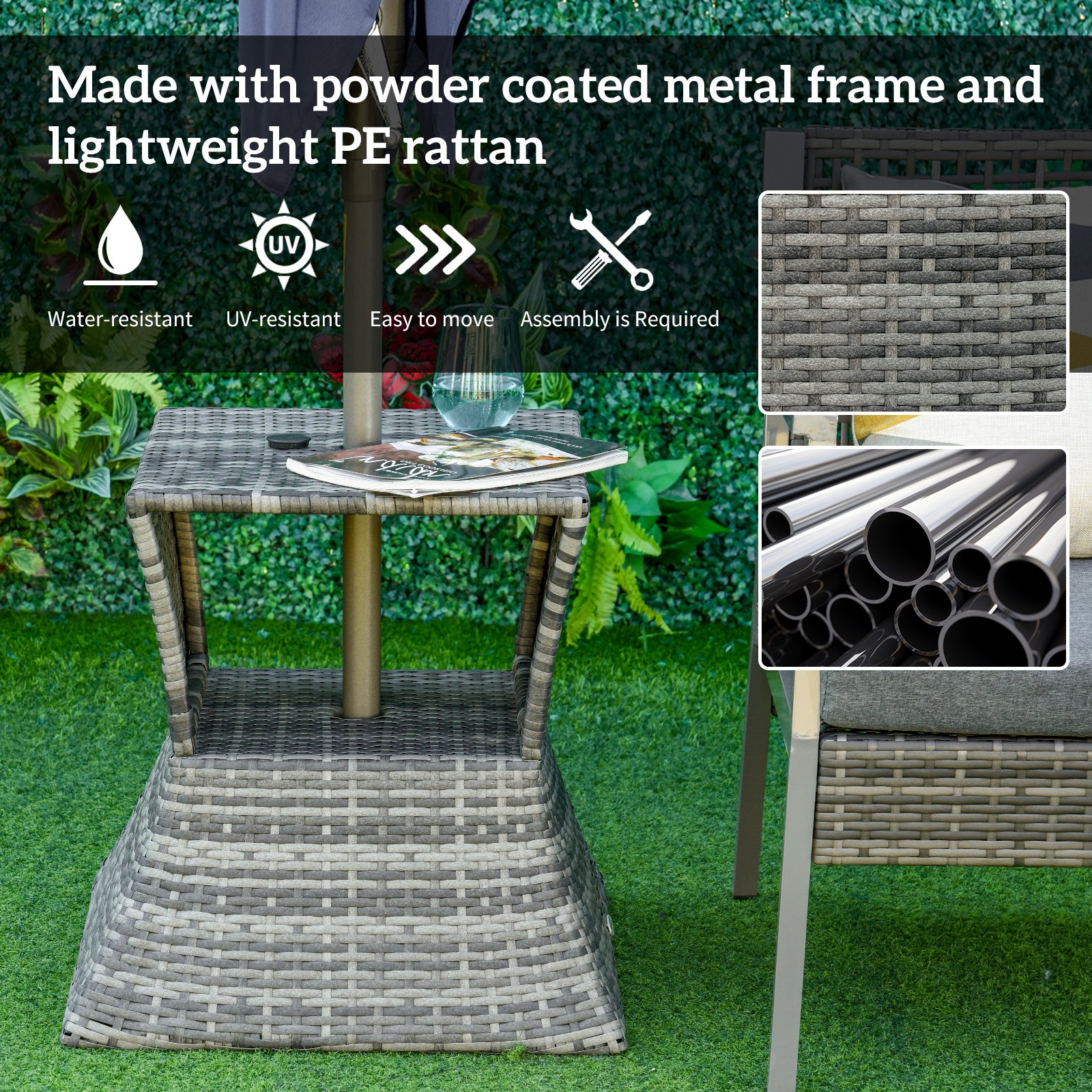 Outdoor Side Table with Umbrella Hole, 2 Tier Rattan Wicker End Table with Storage Shelf, All Weather for Patio, Garden, Backyard, Mixed Gray