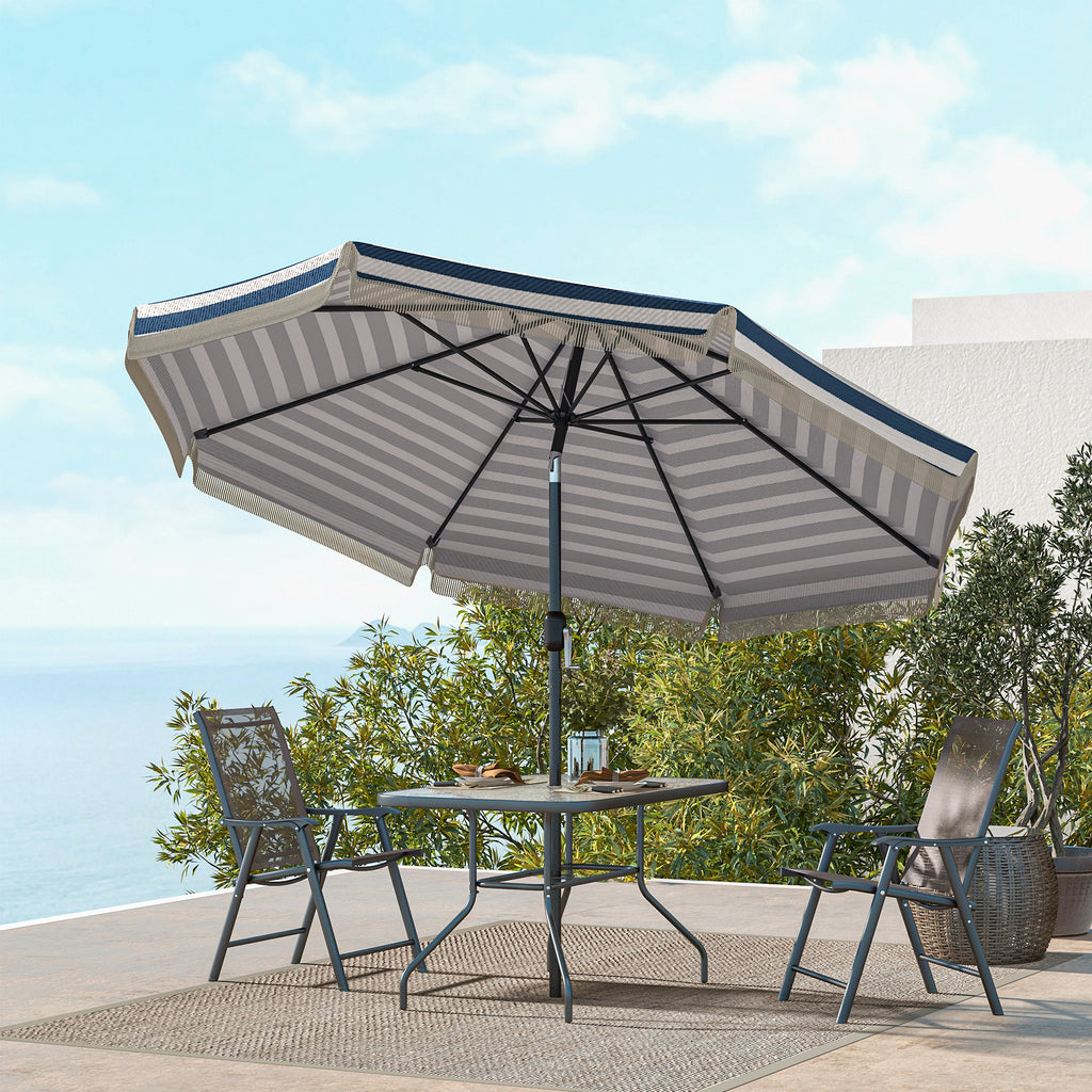 9ft Patio Umbrella Outdoor Table Umbrella w/ Tilt, Crank, Ruffled, 8 Ribs for Garden, Deck, Pool, Blue Stripe