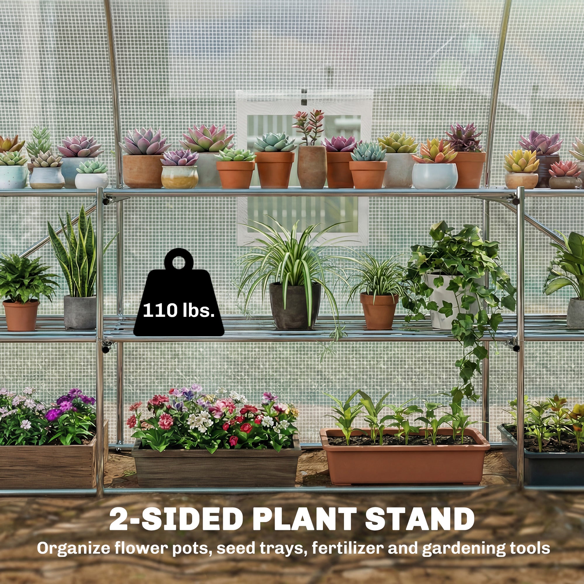 10'x11'x6' Walk-in Tunnel Greenhouse with Shelves, Mesh Door and Windows, Hoop House Greenhouse with PE Cover, White