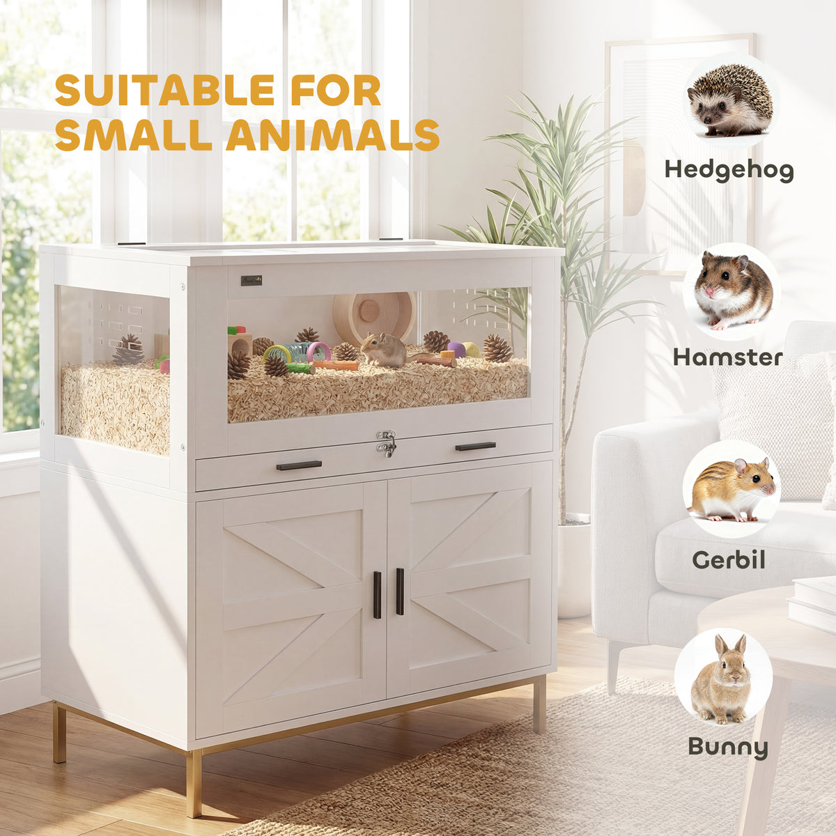 Hamster Cage with Storage Cabinet, Small Animal Cage with Pull Out Drawer and Acrylic Panels, 30" x 19.5" x 36"