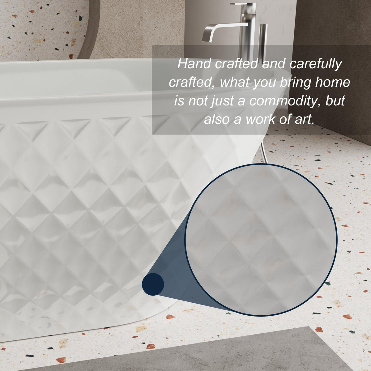 59" Acrylic Freestanding Bathtub with Unique Diamond-Pattern Exterior, Oval Soaking Tub for Bathroom, 59" L x 29.5" W x 23" H, Gloss White