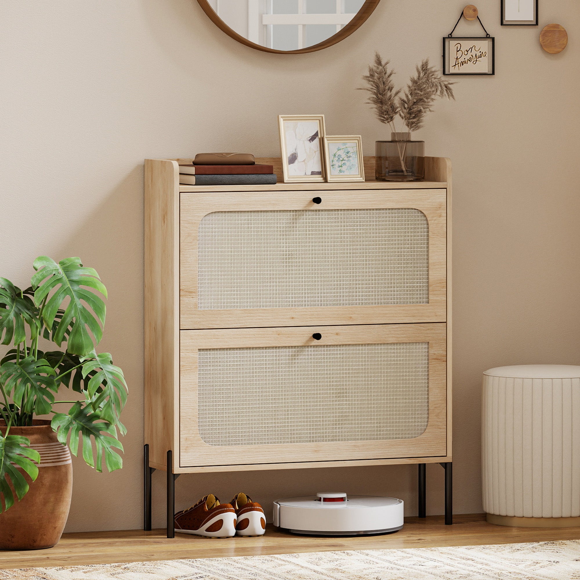 Shoe Cabinet with 2 Flip Drawers, Boho Narrow Shoe Storage Cabinet, Oak