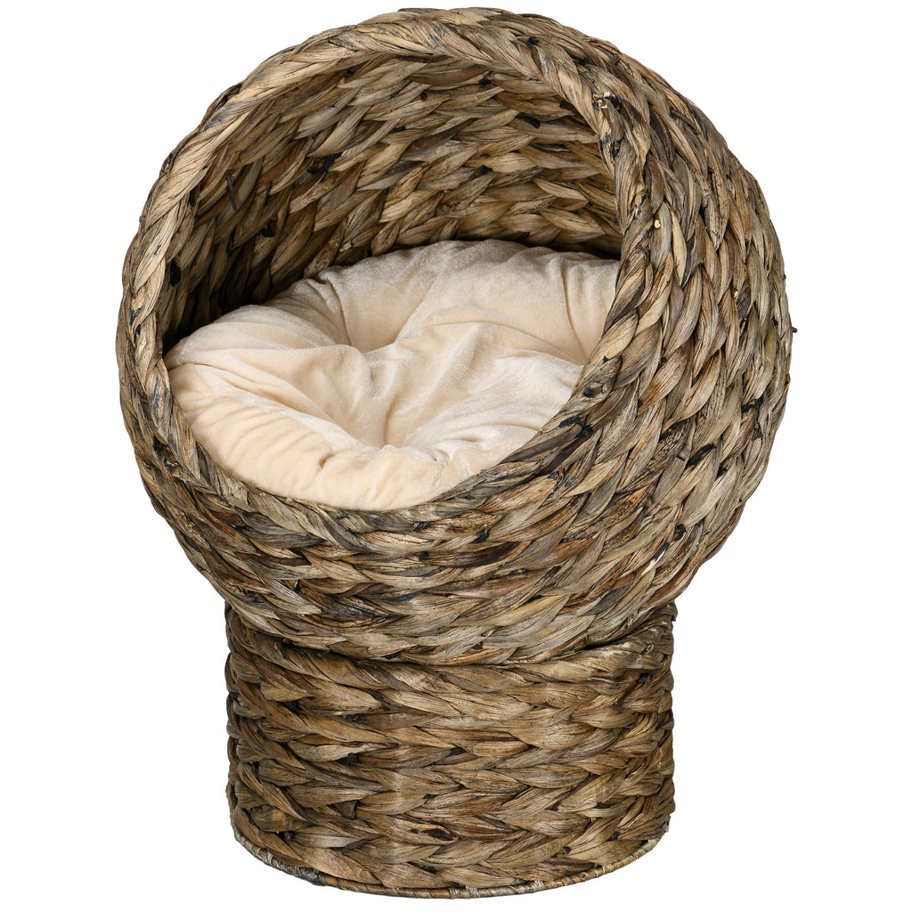 Handwoven Elevated Cat Bed with Soft Cushion & Egg Chair Shape, Basket Bed Kitty House with Stand, Raised Wicker House for Indoor Cats, 20" H, Gray