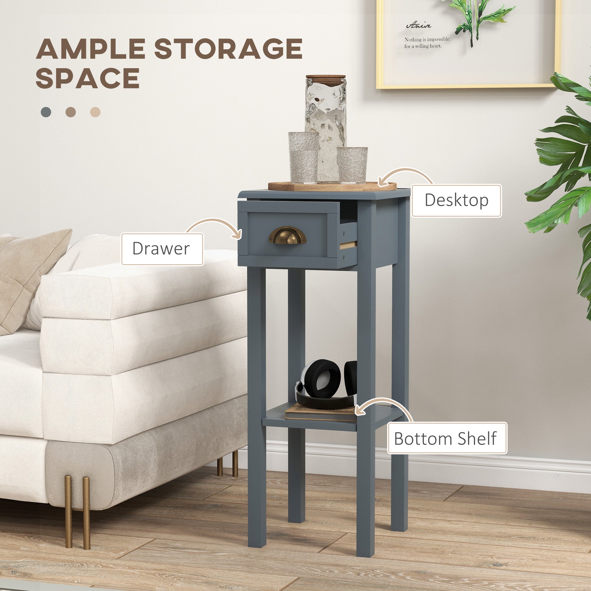 2-Tier Side Tables Set of 2 with Drawer and Shelf, 2 Pieces End Tables for Living Room and Hallway, Gray