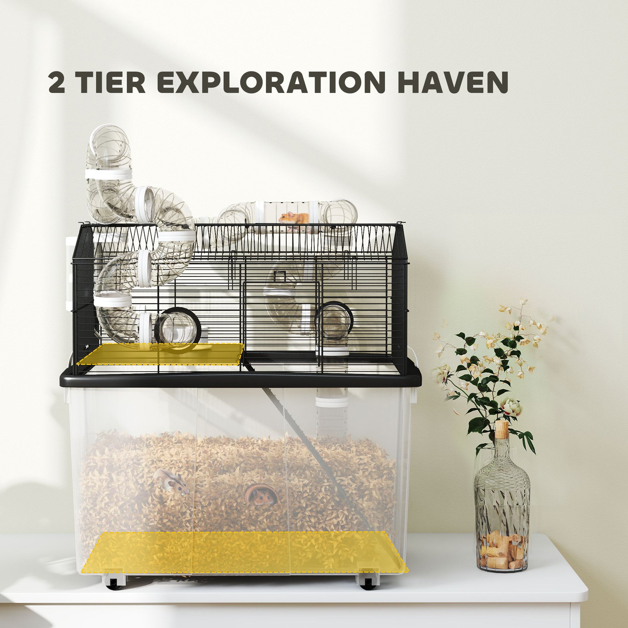 2 Tier Hamster Cage with 12" Deep Tray, Tube System, Water Bottle, Ramp, Feeding Bowl, 23" x 17" x 22", Black