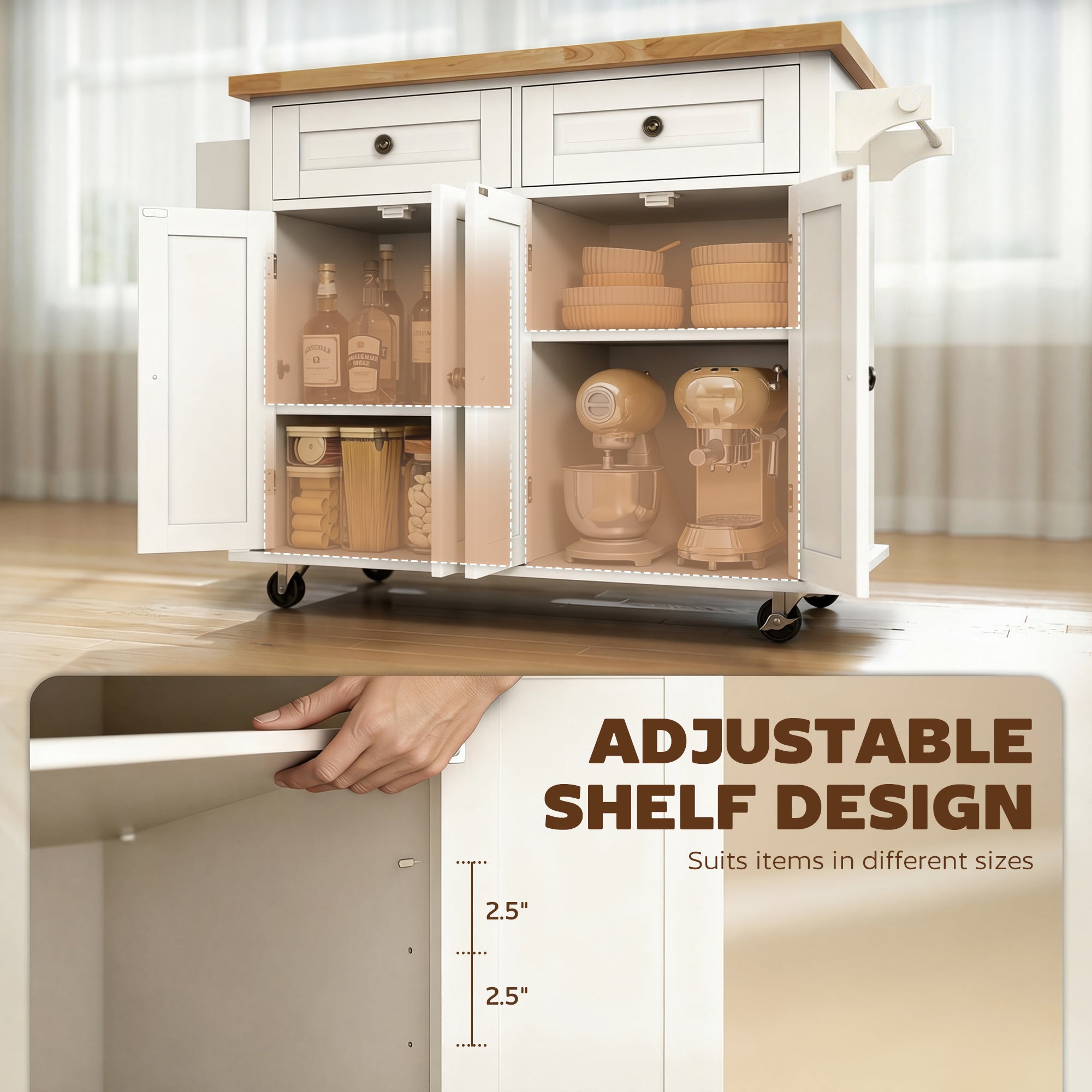 44" Mobile Kitchen Island Table, Kitchen Island Cart on Wheels with Storage Cabinets, 2 Drawers, White