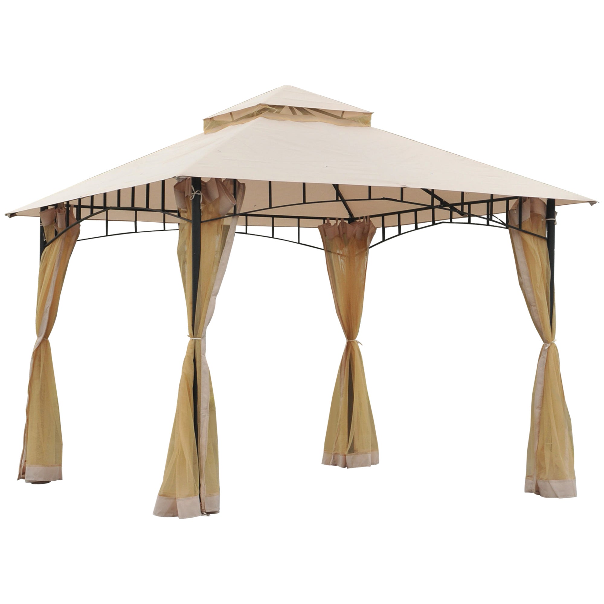 10' x 10' Outdoor Patio Gazebo Canopy Tent with Mesh Sidewalls, 2-Tier Canopy for Backyard, Beige
