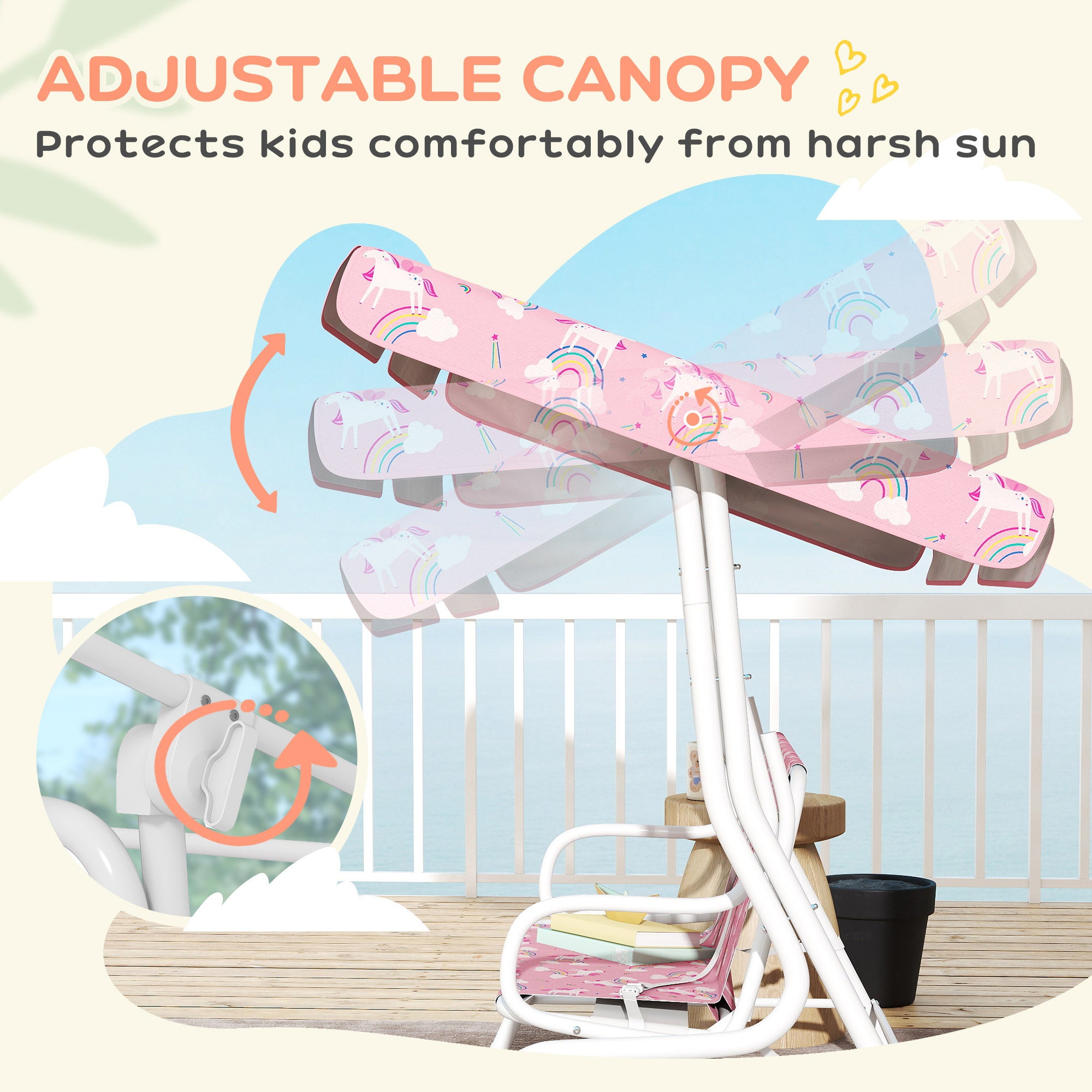 Kids Porch Swing, 2-Seater Patio Swing Bench with Safety Belts, Adjustable Canopy for Backyard, Garden, Pink