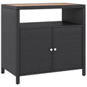 Outdoor Storage Cabinet with Acacia Wood Top, Two Doors, Shelf, Wicker Bar Table for Pool Towel Storage, Black