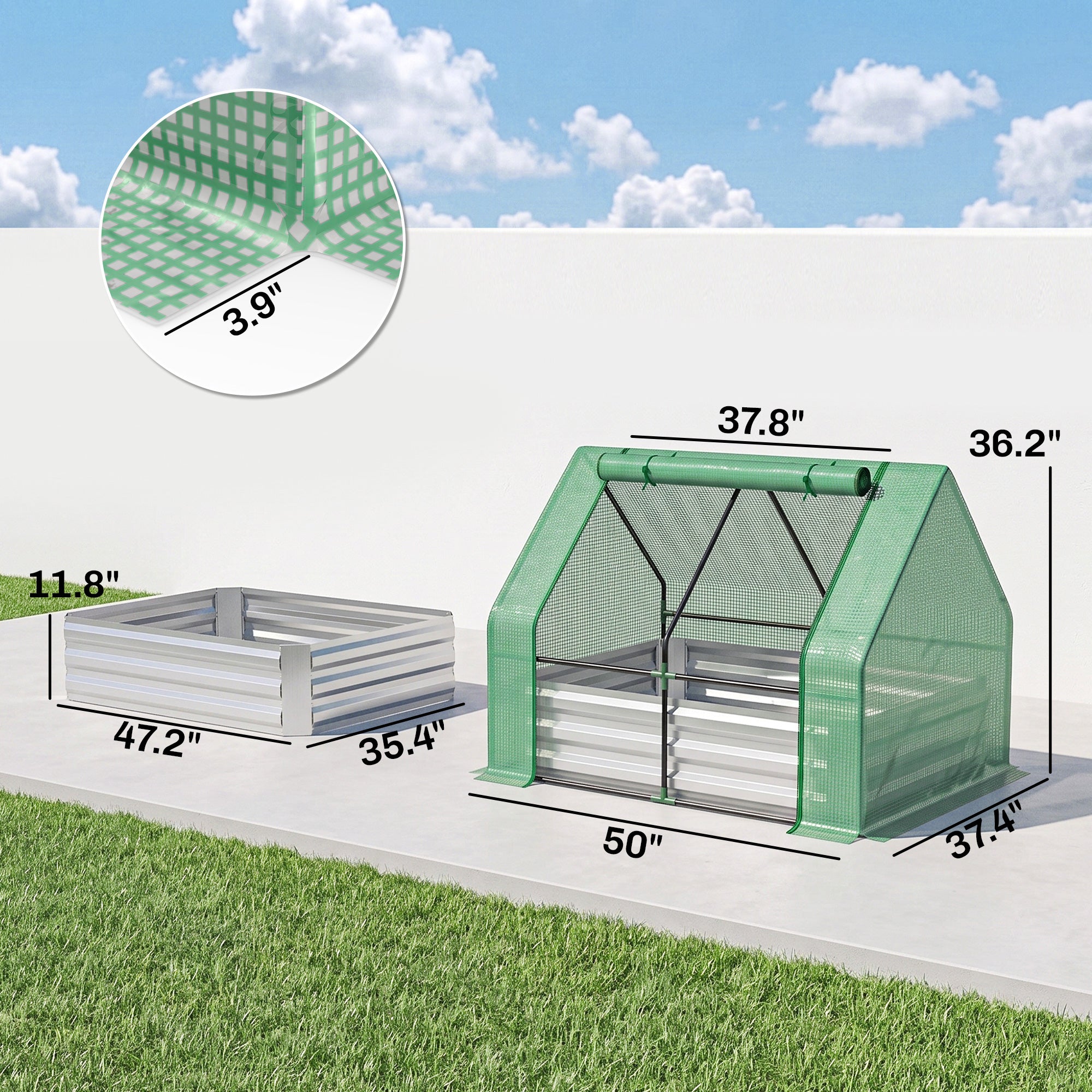 4 x 3ft Metal Planter Box with Mini Greenhouse, Galvanized Raised Garden Bed with Cover for Herbs and Vegetables, Small Greenhouse for Patio Garden Balcony, Green and Gray