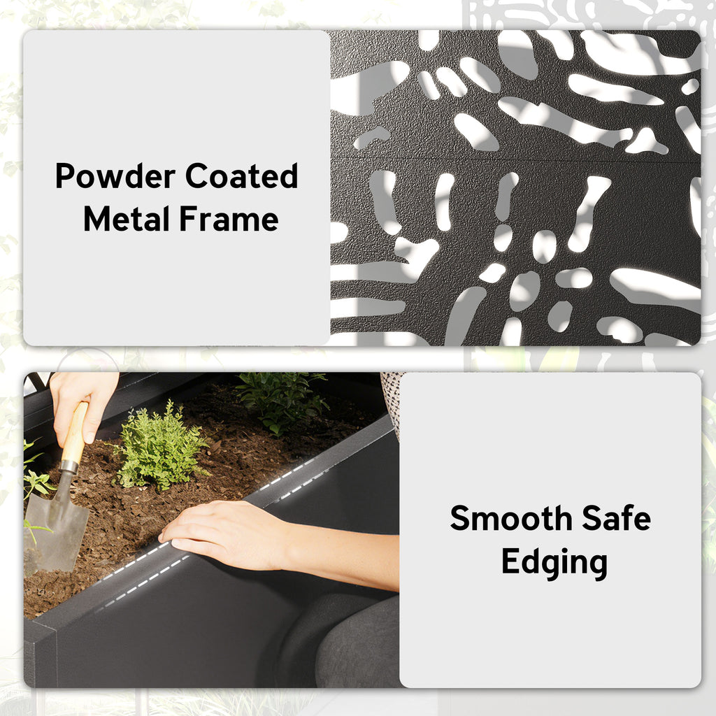 Metal Planter Box with Trellis, 71" Tall Raised Garden Bed with Privacy Screen and Drainage Holes, Banana-Leaf Cut-Outs