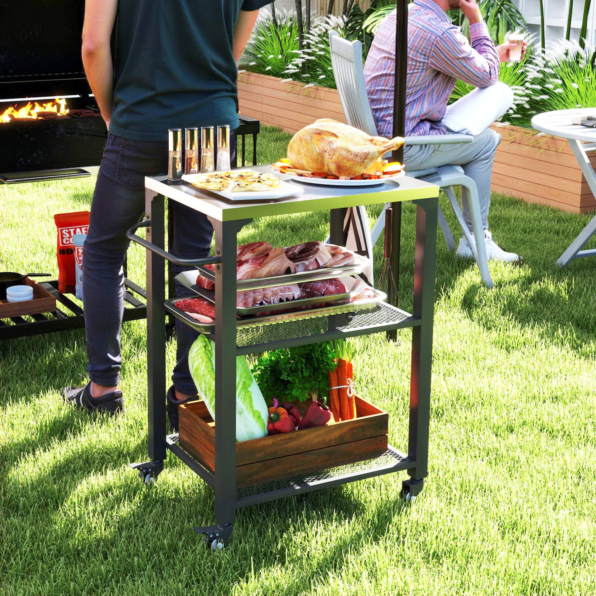 3-Shelf Outdoor Grill Cart with Stainless Steel Tabletop, Movable Pizza Oven Table with Hooks, Side Handle, Wheels
