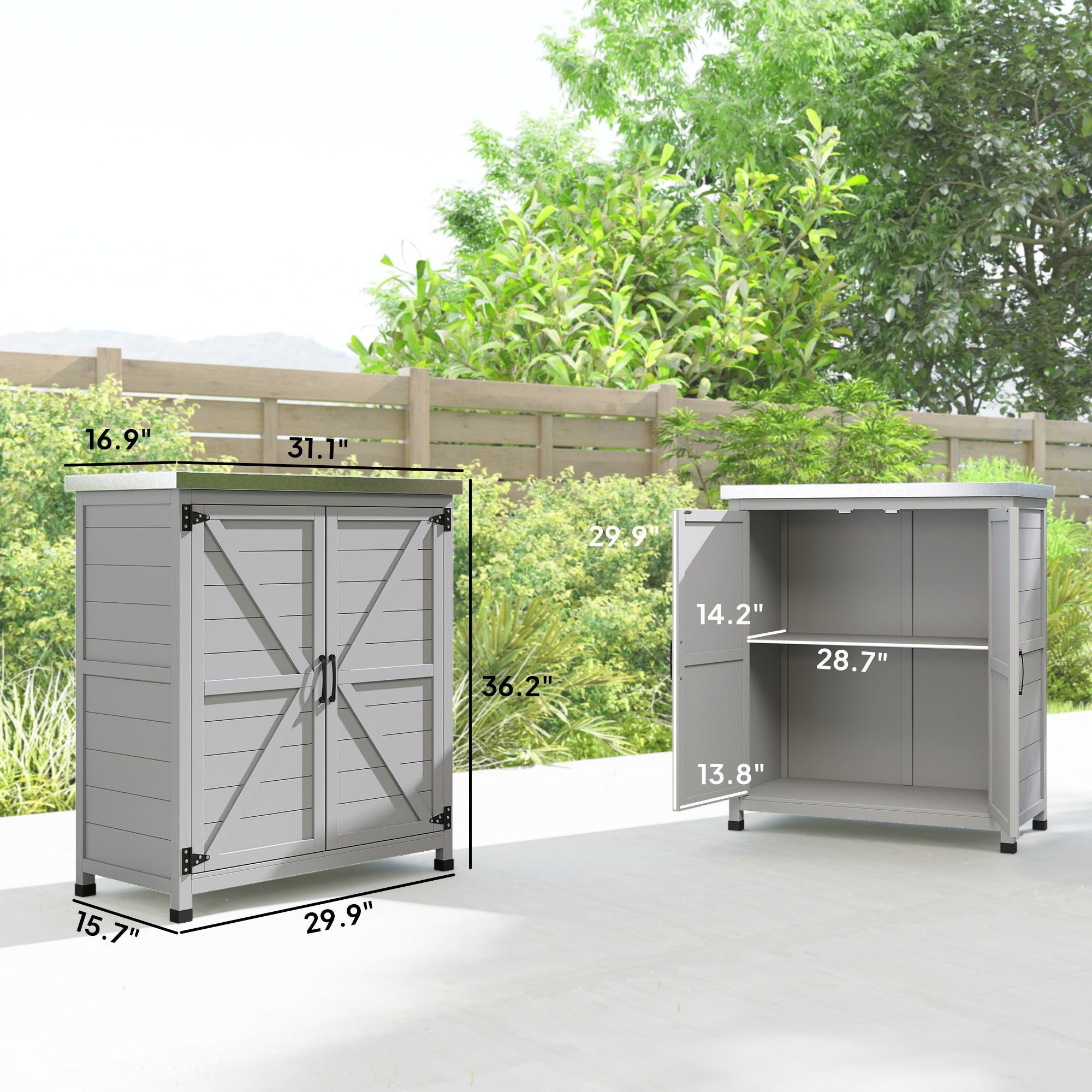 Wooden Storage Cabinet, Outdoor Prep Table with Metal Tabletop, Shelves and Double Doors for Patio, Garden, Gray