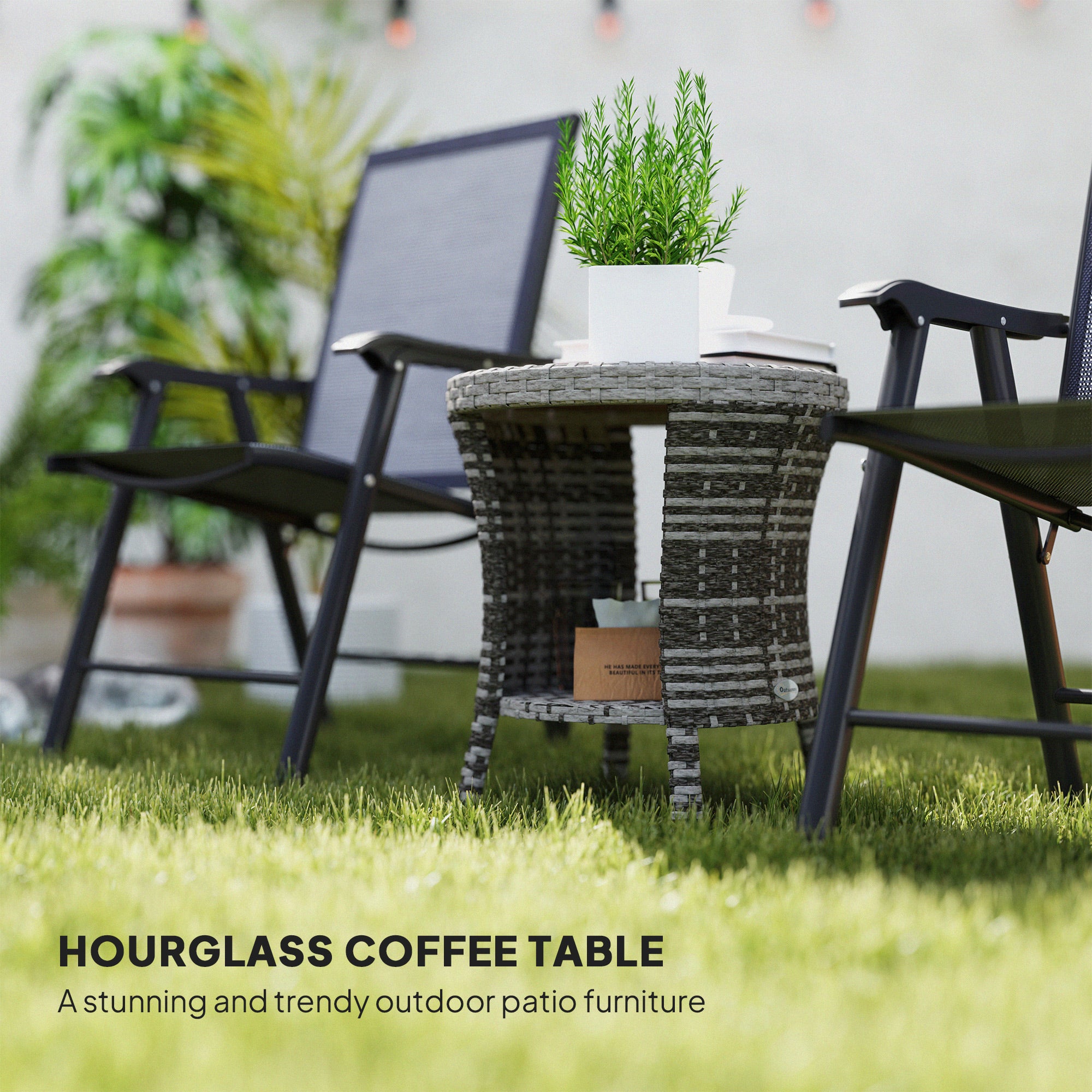 18" Wicker Outdoor Coffee Table, PE Rattan Patio Side Table with 2-Tier Storage, Composite Wood Top, Mixed Gray