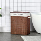 Bamboo Laundry Basket with Lid and String Handles, Collapsible Laundry Hamper with 2 Removable Bags, Brown