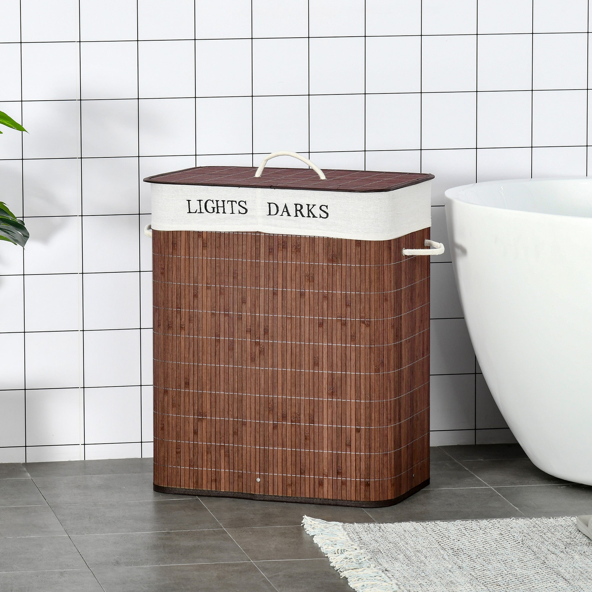 Bamboo Laundry Basket with Lid and String Handles, Collapsible Laundry Hamper with 2 Removable Bags, Brown