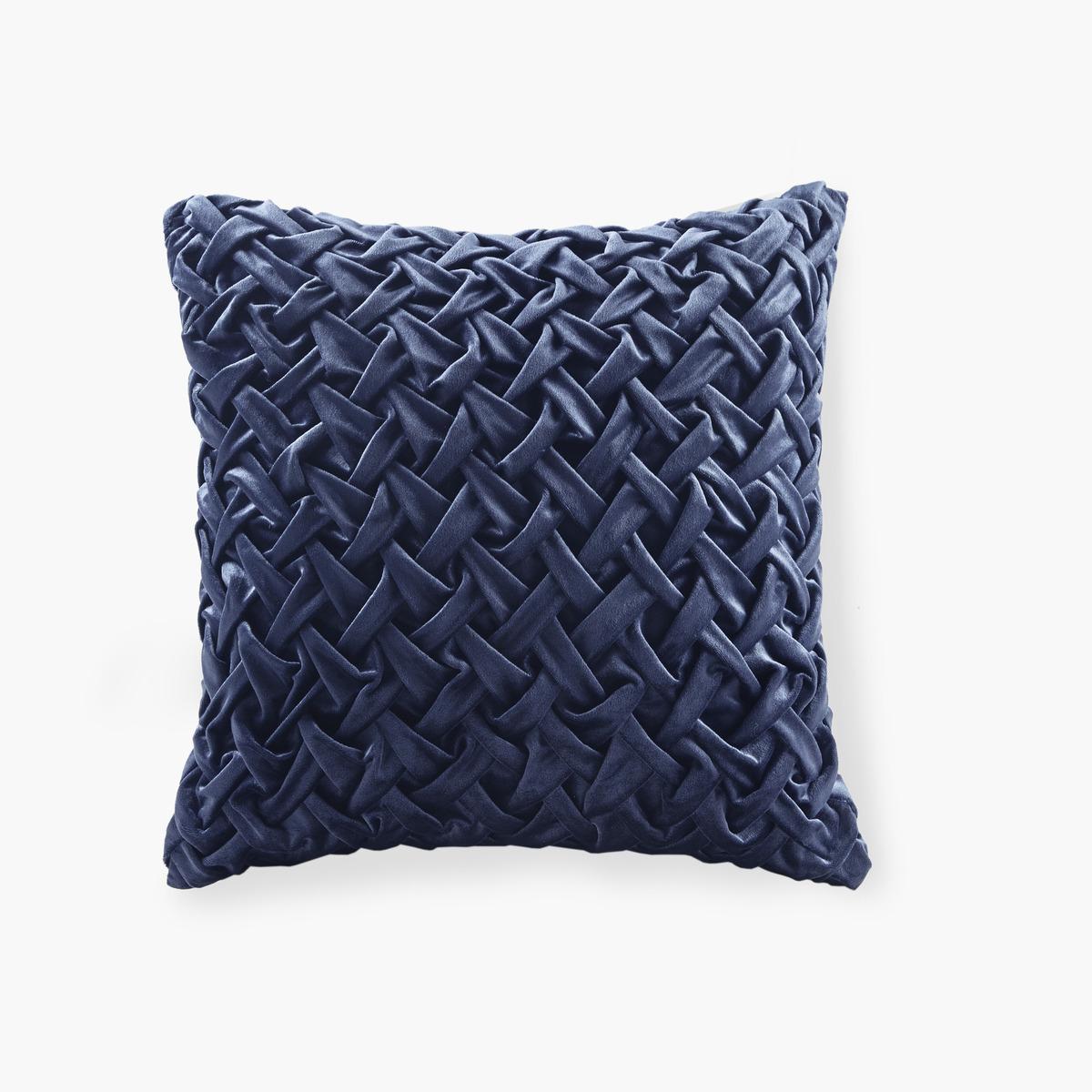 Velvet Ruched Square Decor Pillow with Removable Goose Feather Insert, Luxury Metal Zipper, Ideal for Sofa, Bed, 20" L x 20" W x 5" H, Navy