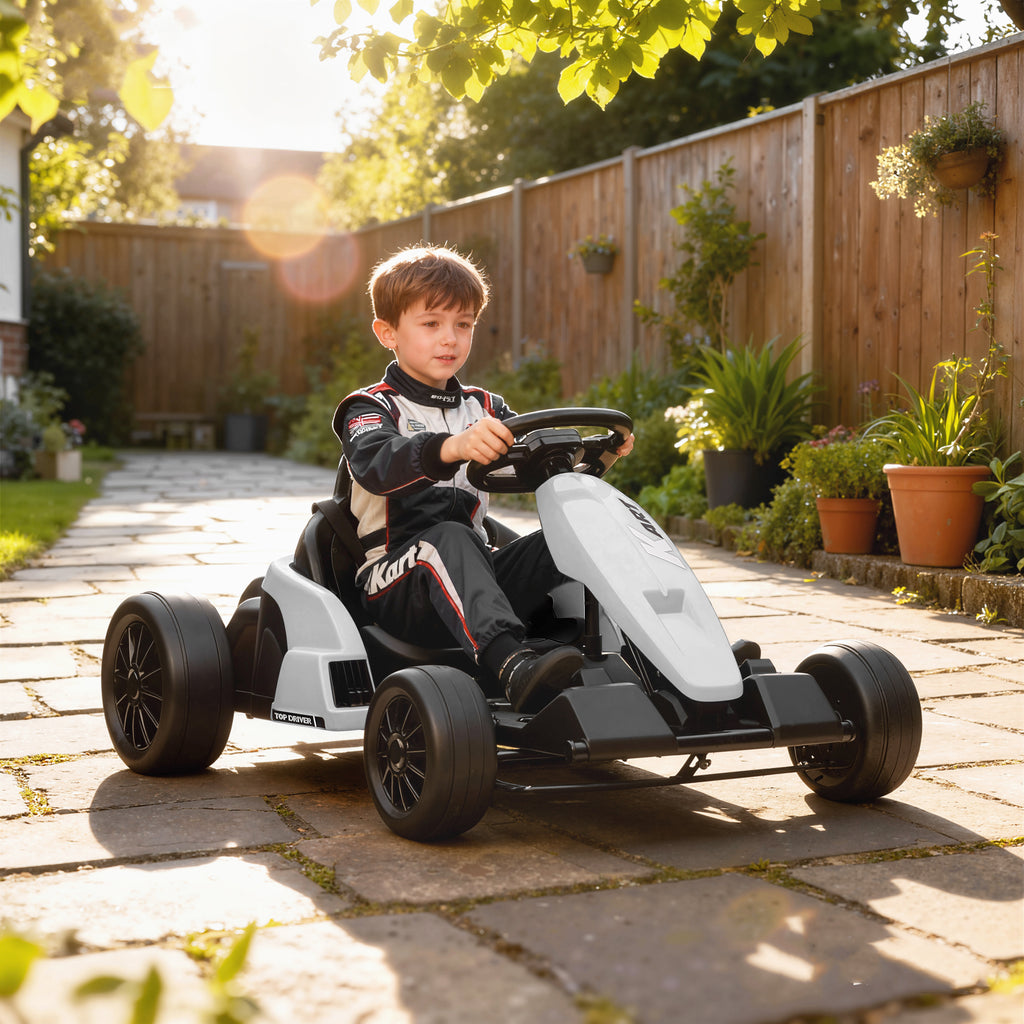 24V Electric Go Kart with Dual 150W Motors, Adjustable Seat & 11.2MPH High Speed, Slow Start, 5-Point Harness, White