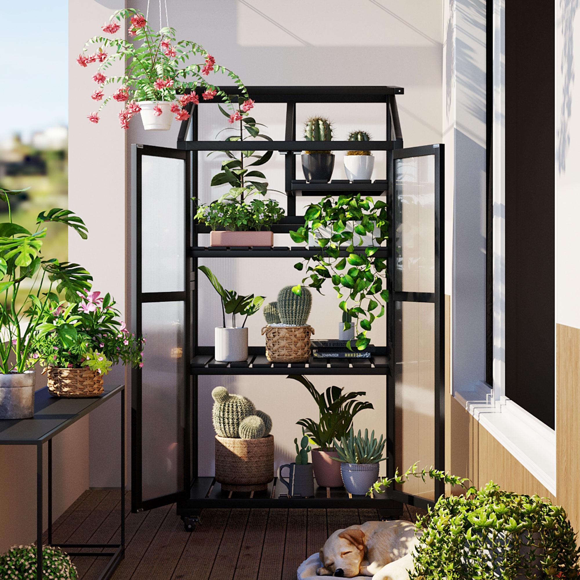Portable Wood Greenhouse with Wheels & 3-Tier Shelf, Tall Cold Frame with Vented Roof for Balcony Garden, 31.5'' L x 22.5'' W x 62'' H, Black