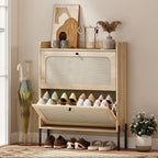 Shoe Cabinet with 2 Flip Drawers, Boho Narrow Shoe Storage Cabinet, Oak