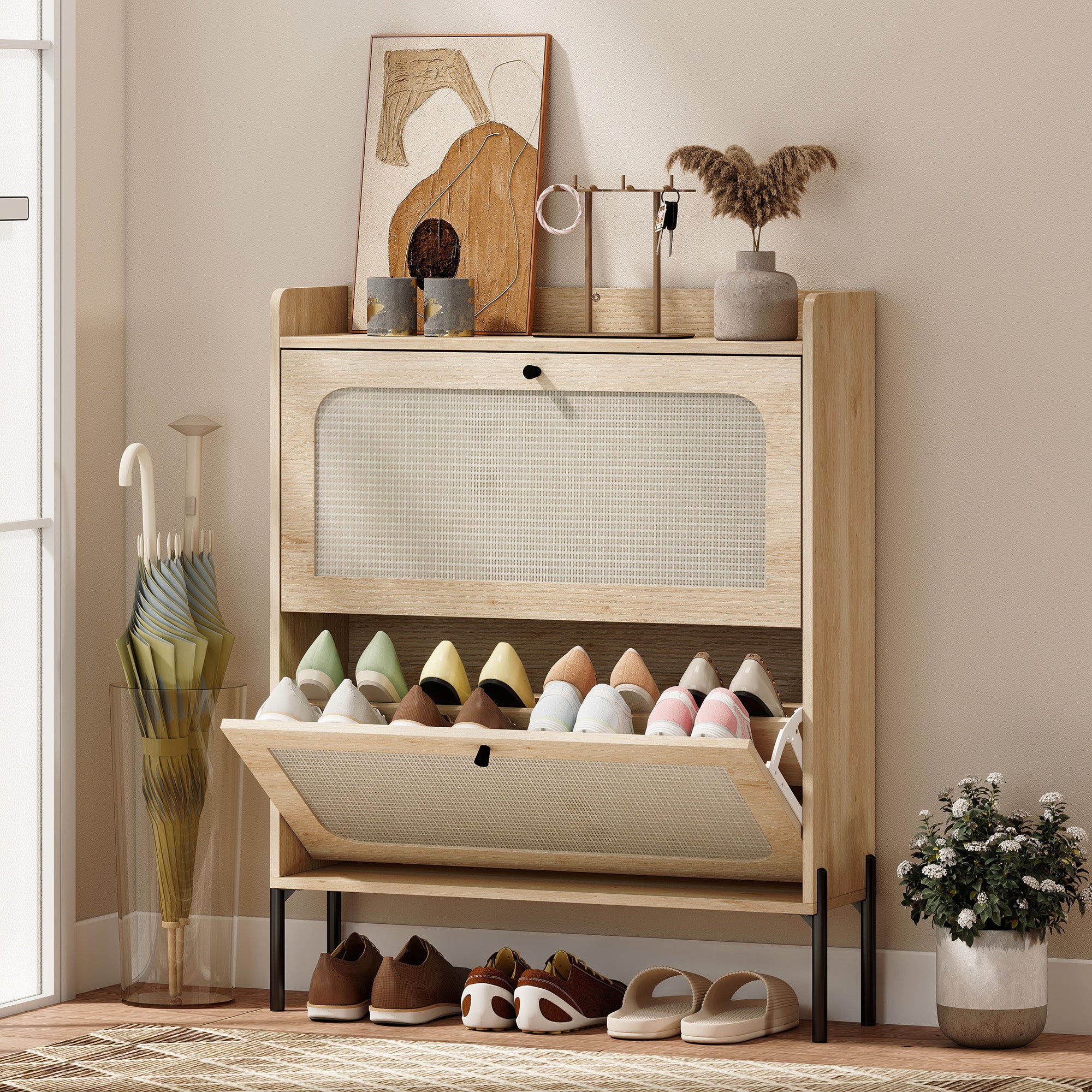 Shoe Cabinet with 2 Flip Drawers, Boho Narrow Shoe Storage Cabinet, Oak