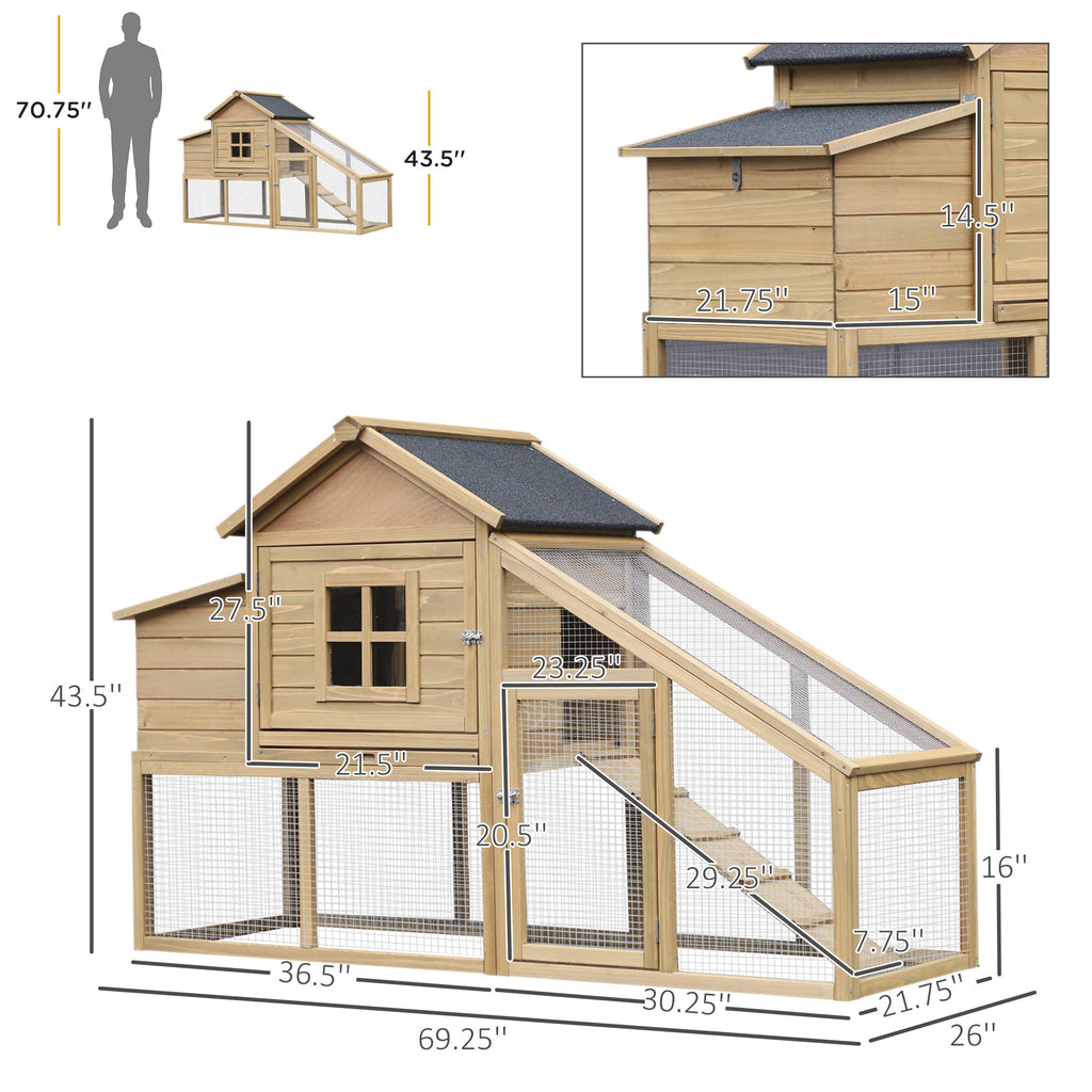 69" Wooden Chicken Coop, Poultry Cage Hen House with Connecting Ramp, Tray, Ventilated Window and Nesting Box