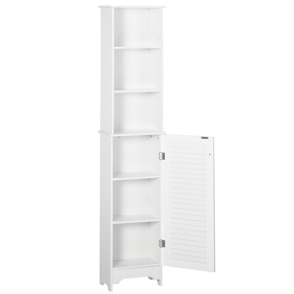 Tall Bathroom Storage Cabinet/Freestanding Linen Tower with 3-Tier Open Adjustable Shelf and Cupboard, White