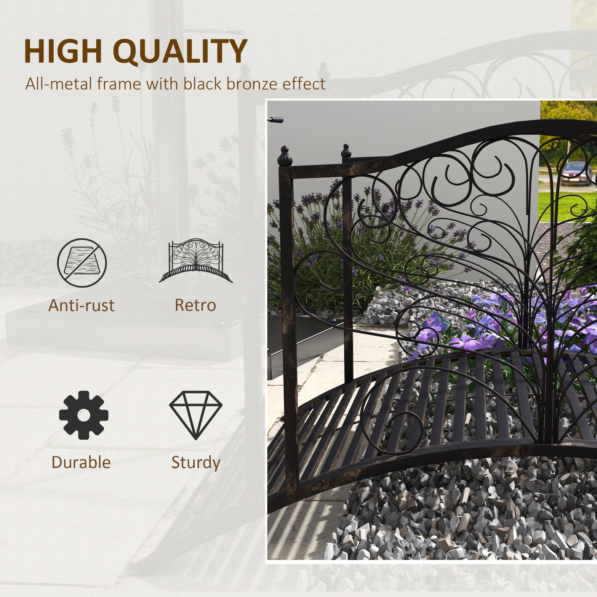 4’ Metal Arch Backyard Garden Bridge with Safety Siderails, Delicate Scrollwork, & Easy Assembly, Black Bronze
