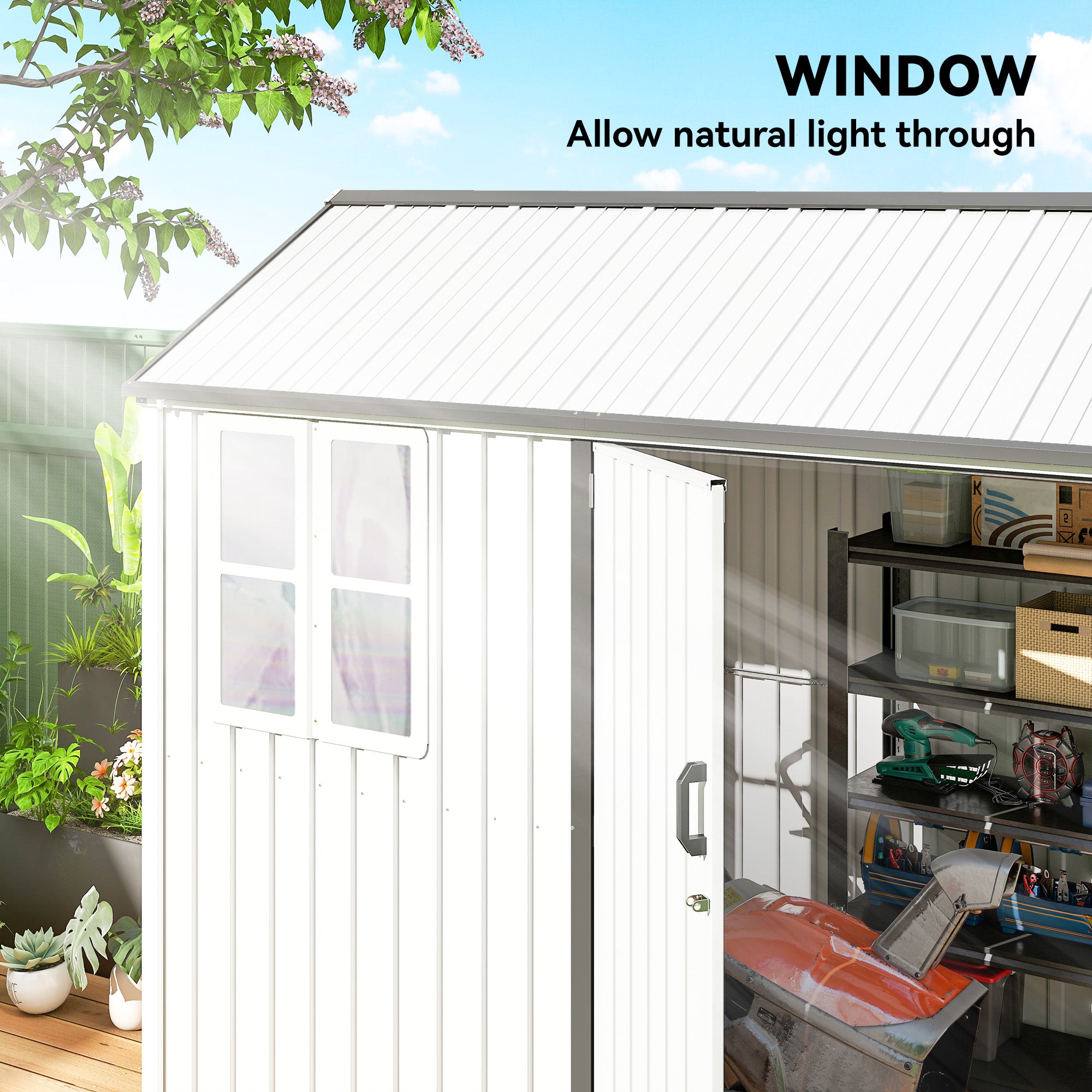 8' x 6' Metal Garden Storage Shed, Extra Large Outdoor Tool Storage House w/ Doors, Window and Air Vents, White