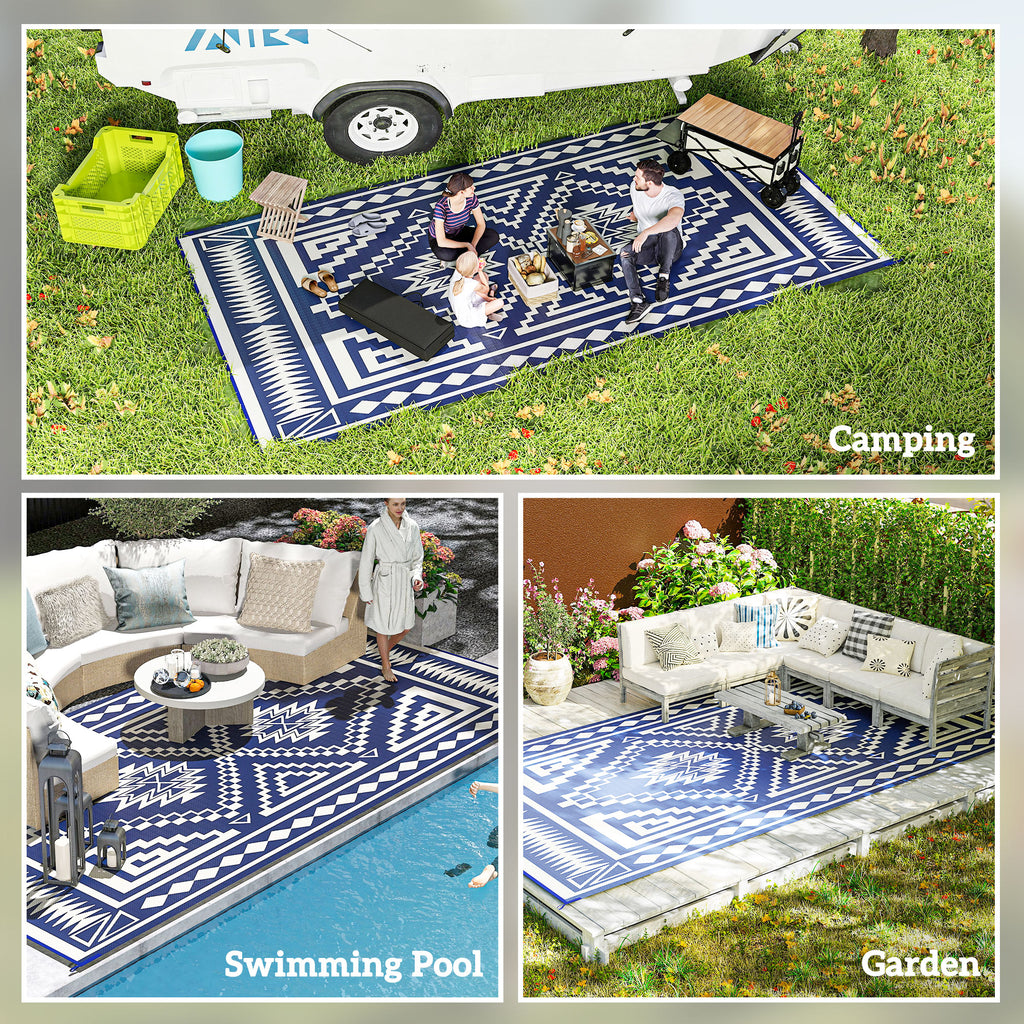 Reversible Outdoor Rug, Waterproof Plastic Straw with Carry Bag, 9' x 18', Blue & White Square Patchwork